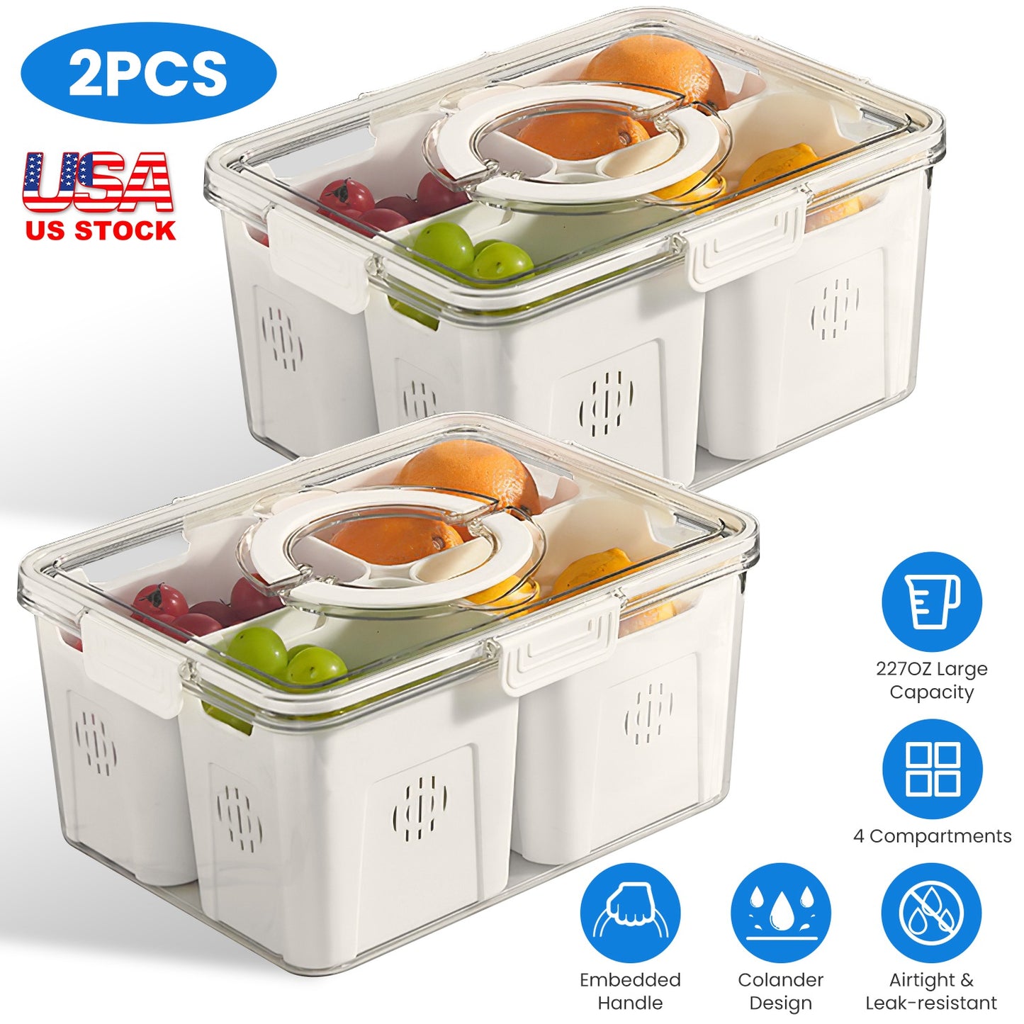 Airtight Fruit Storage Containers 4-Compartment with Colanders