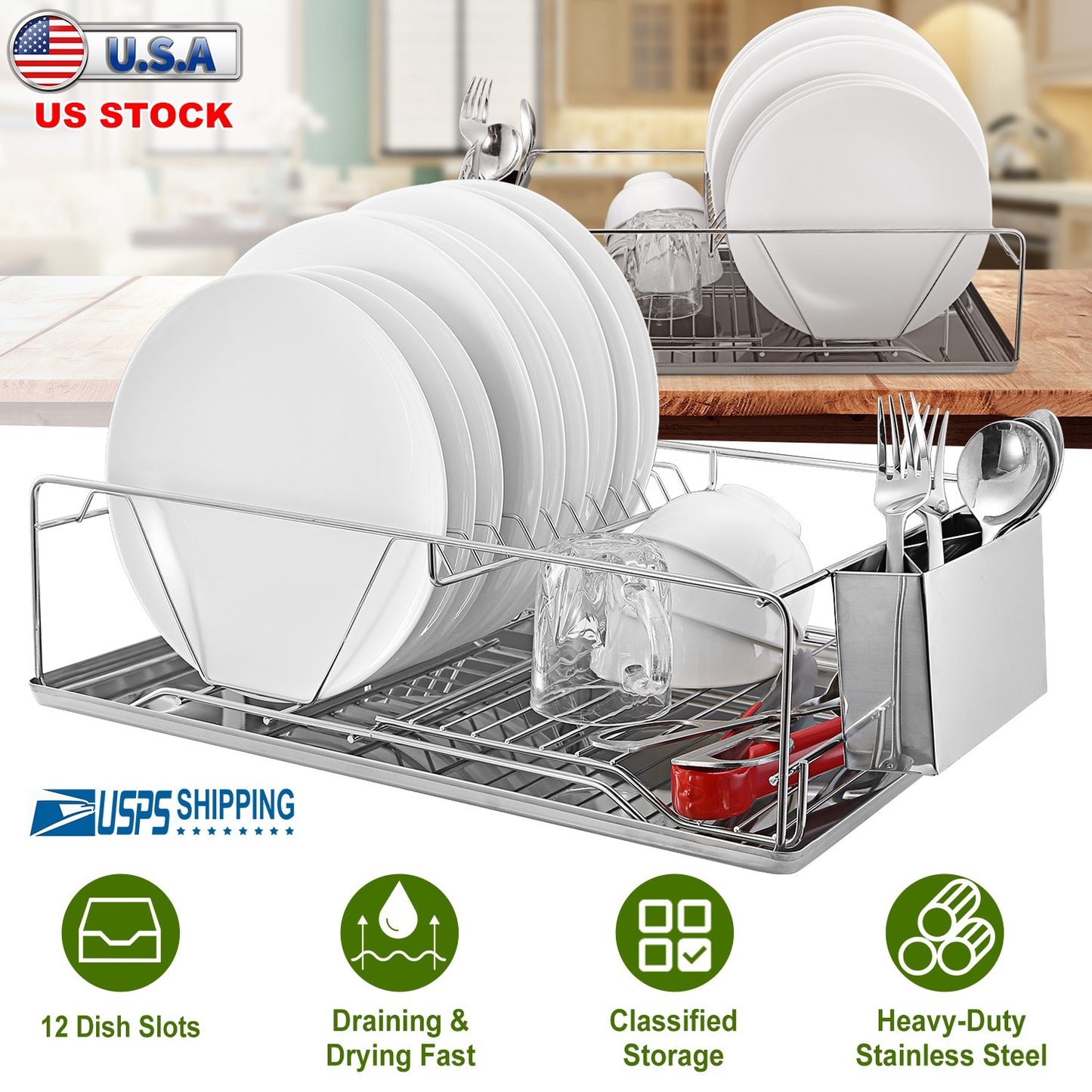 Stainless Steel Dish Drying Rack with Drainboard & Cutlery Holder