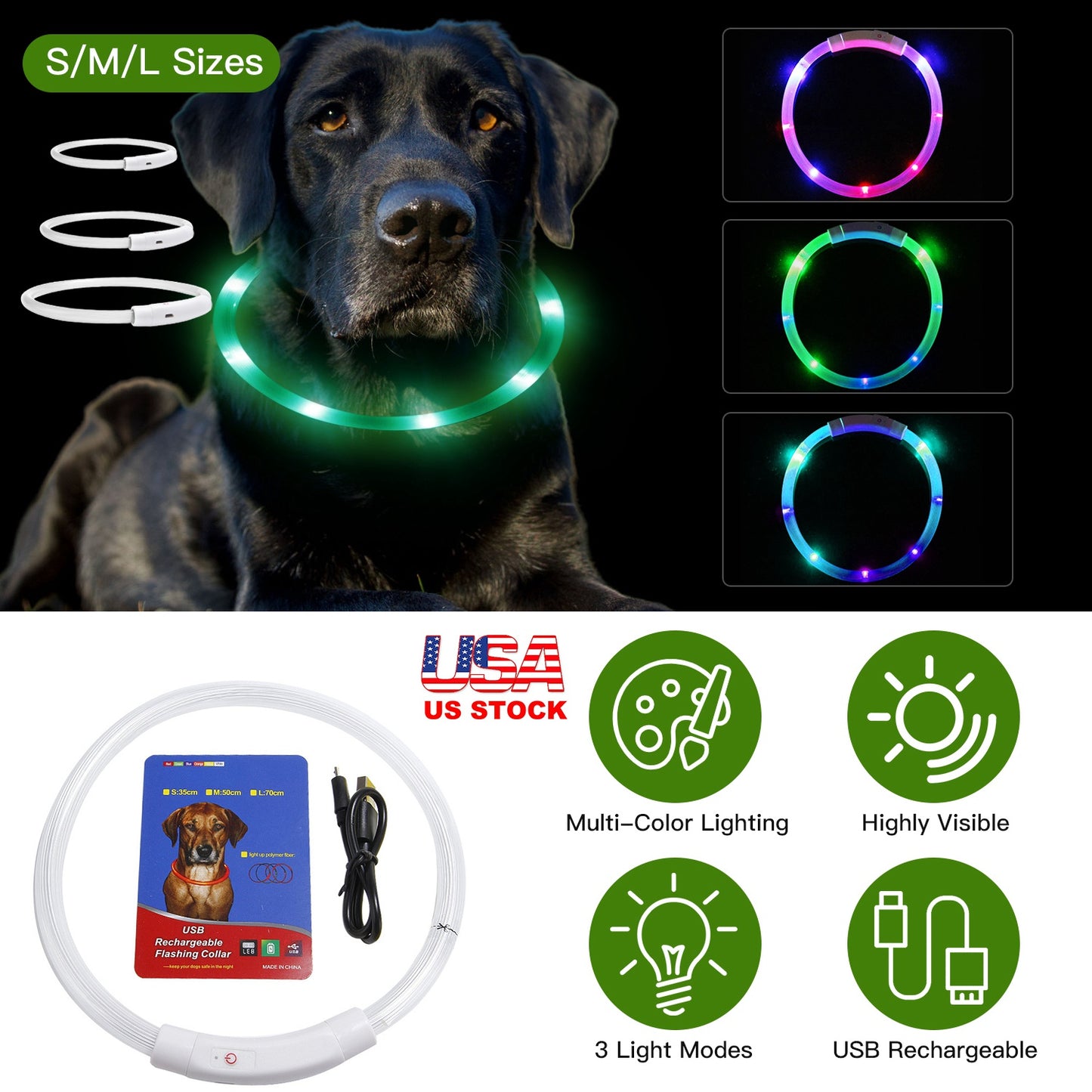 LED Dog Collar USB Rechargeable Multi-Color Safety Light