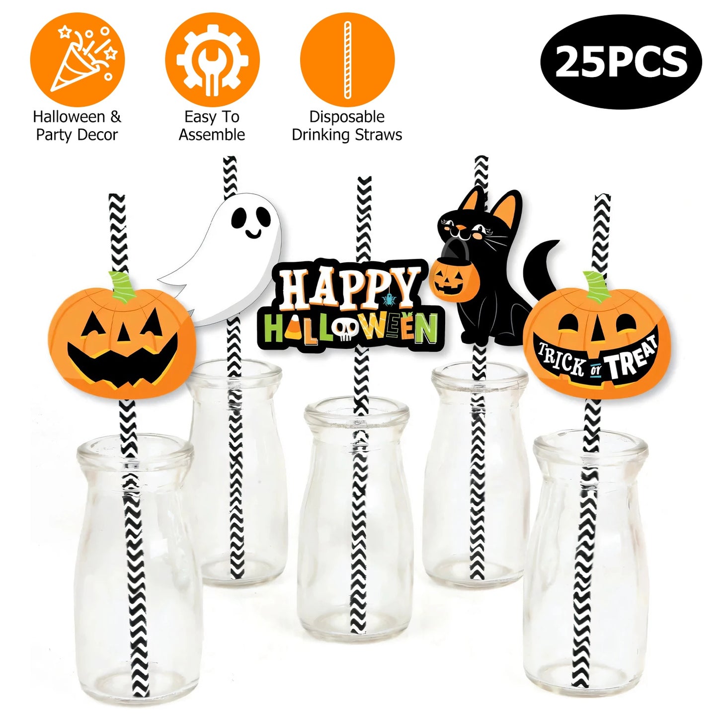 Halloween Party Paper Straws with Decorative Cards - 25 Pack