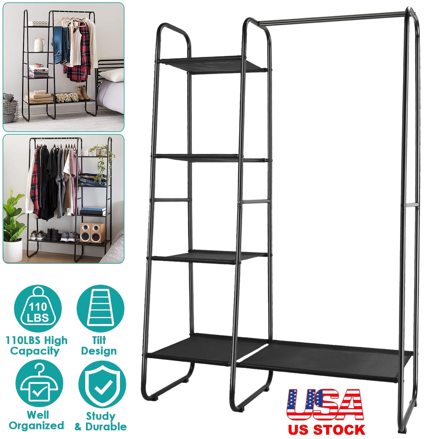 Metal Garment Rack with 5 Shelves and Hanging Rod