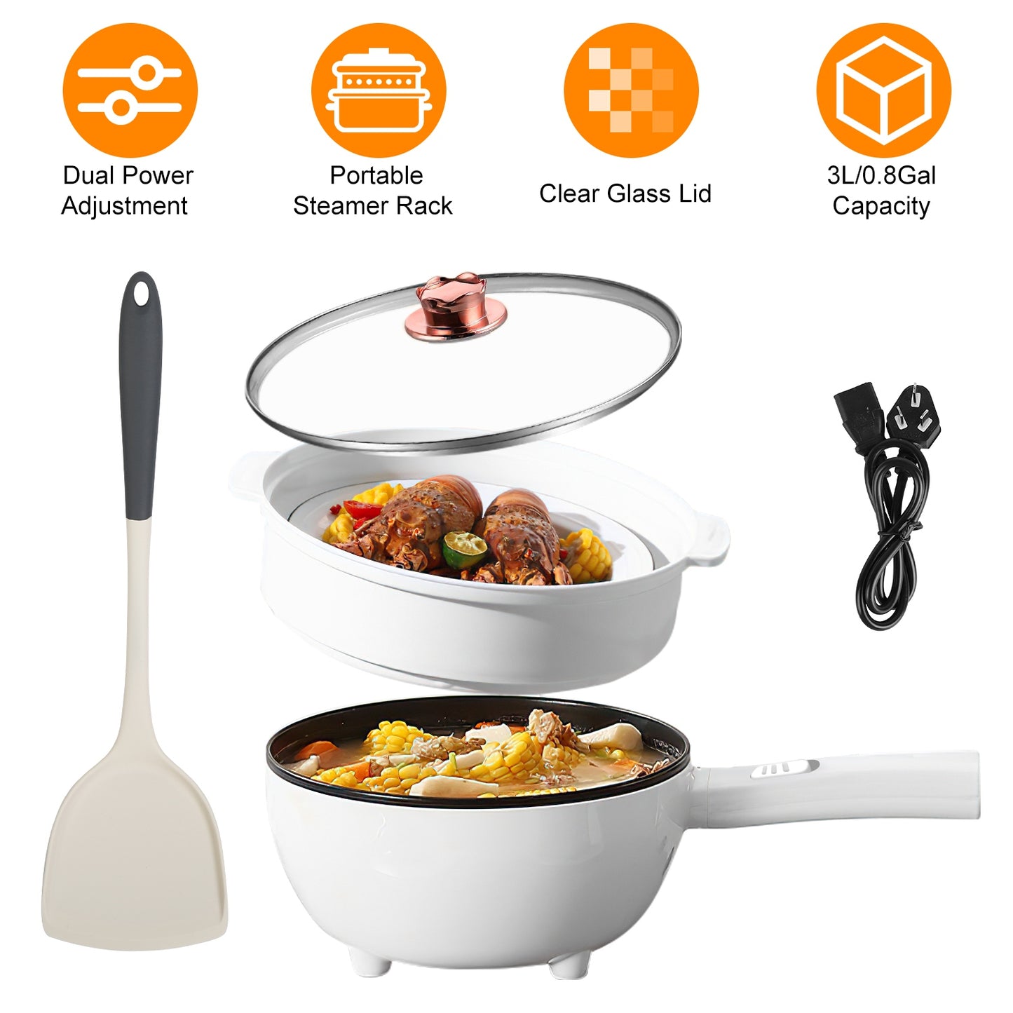 Electric Hot Pot with Steamer Rack - 3L Non-Stick Cooker