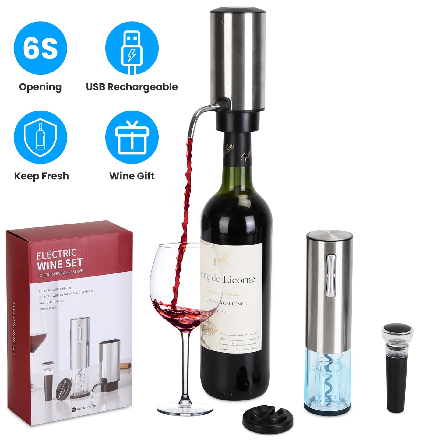 Electric Wine Opener Set 4-in-1 with Aerator & Stopper