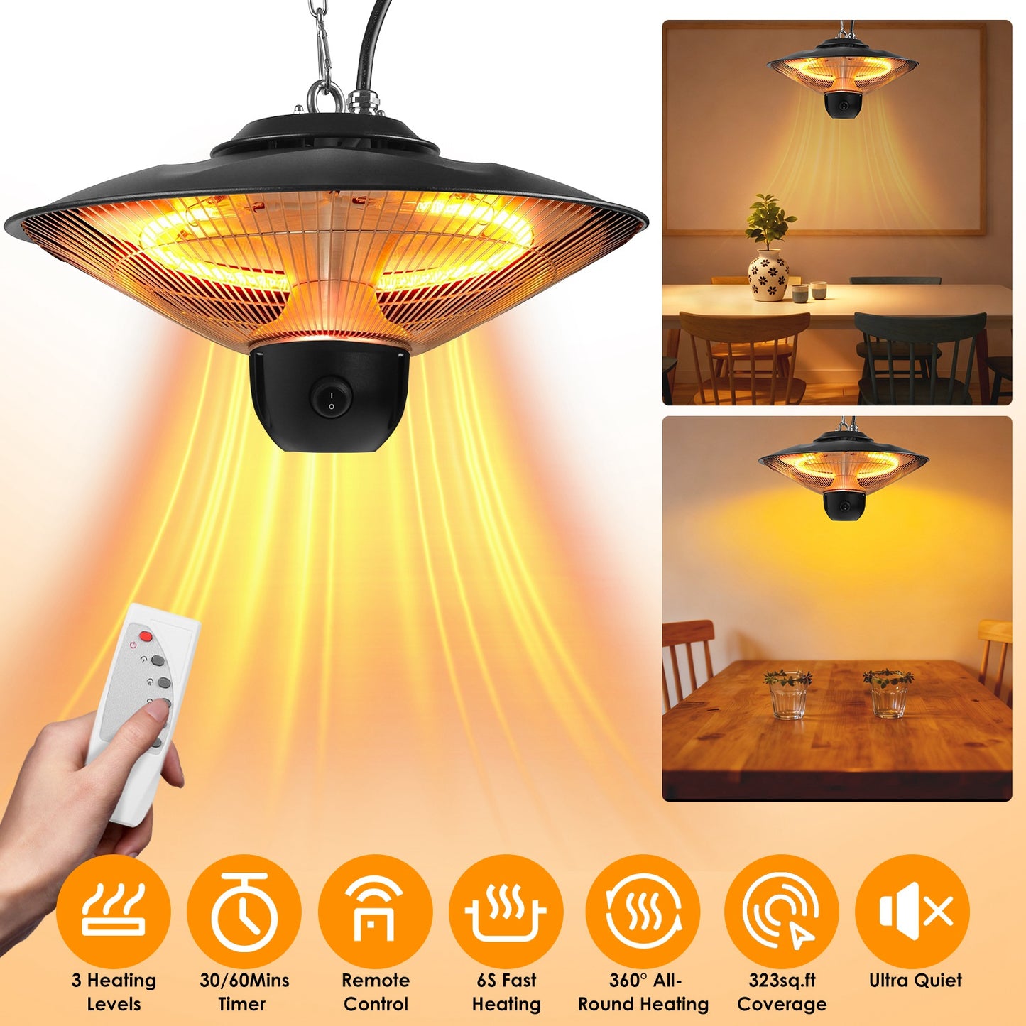 1500W Electric Patio Heater with Remote & Timer