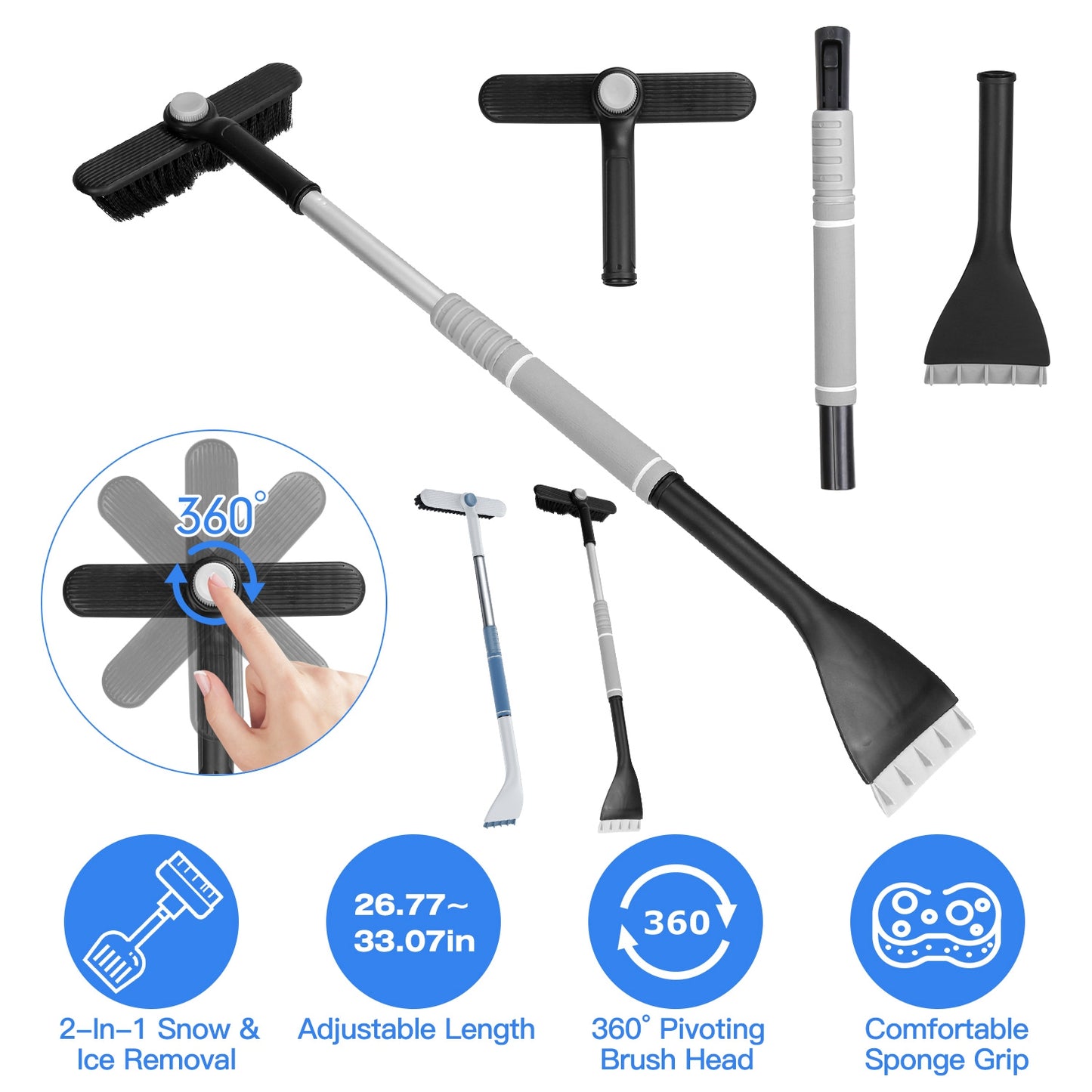 Extendable Snow Brush and Ice Scraper with 360° Pivoting Head