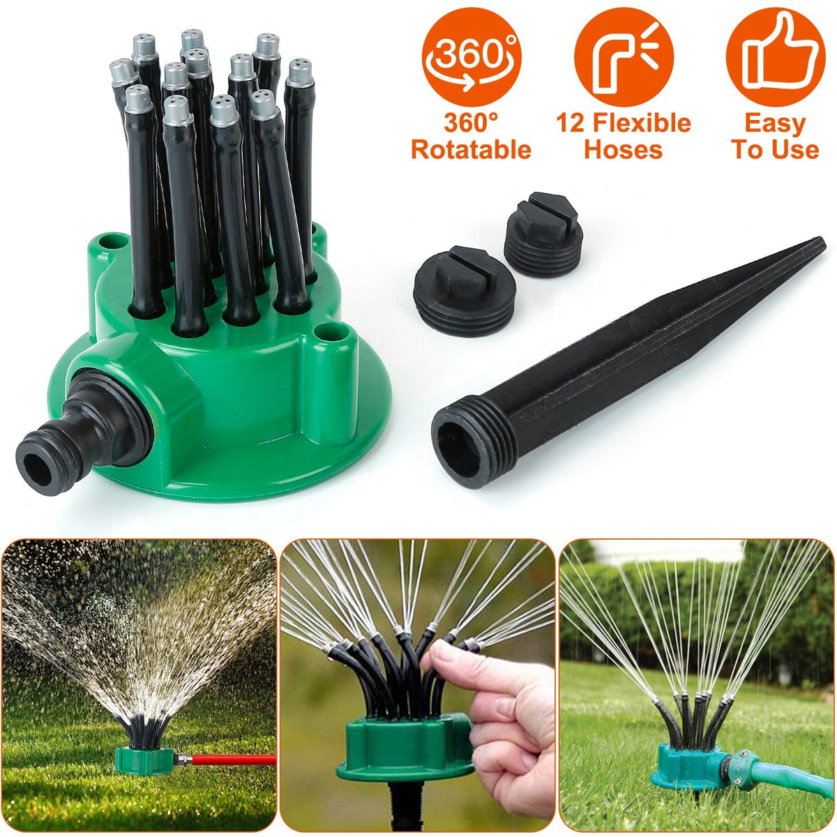 12-Tube Automatic Lawn Sprinkler with 360° Rotation