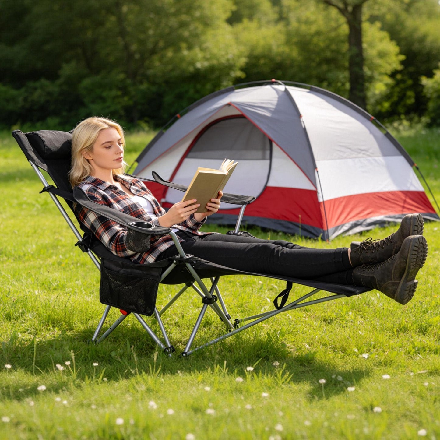 Reclining Camping Chair with Footrest - 4-Position Adjustable