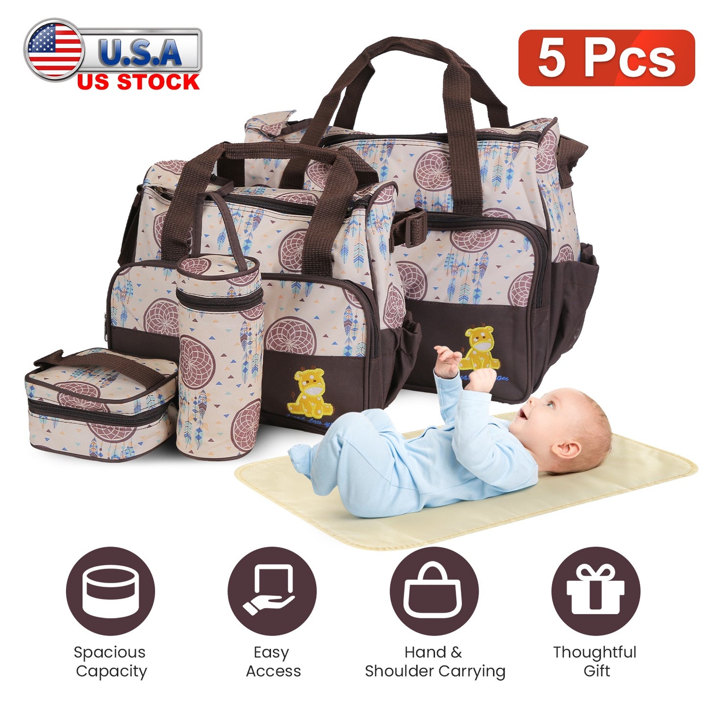 5-Piece Diaper Bag Set with Bottle Bag and Changing Pad