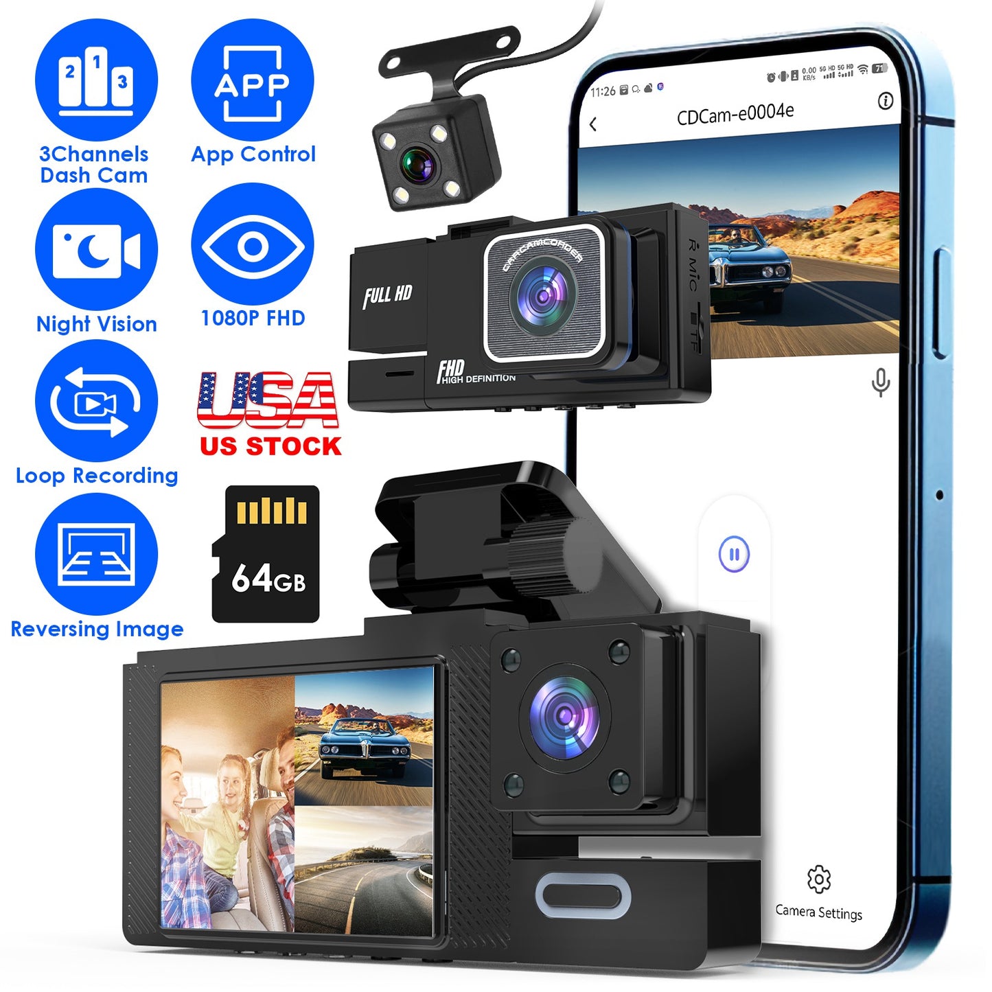 3-Channel Car Dash Cam with WiFi and Night Vision
