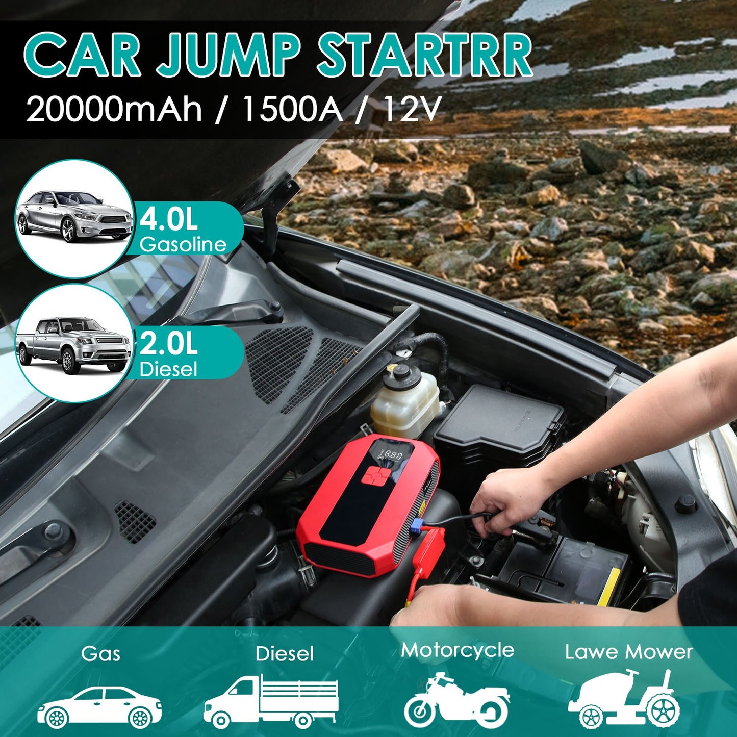 Car Jump Starter 1500A with Air Compressor & Power Bank