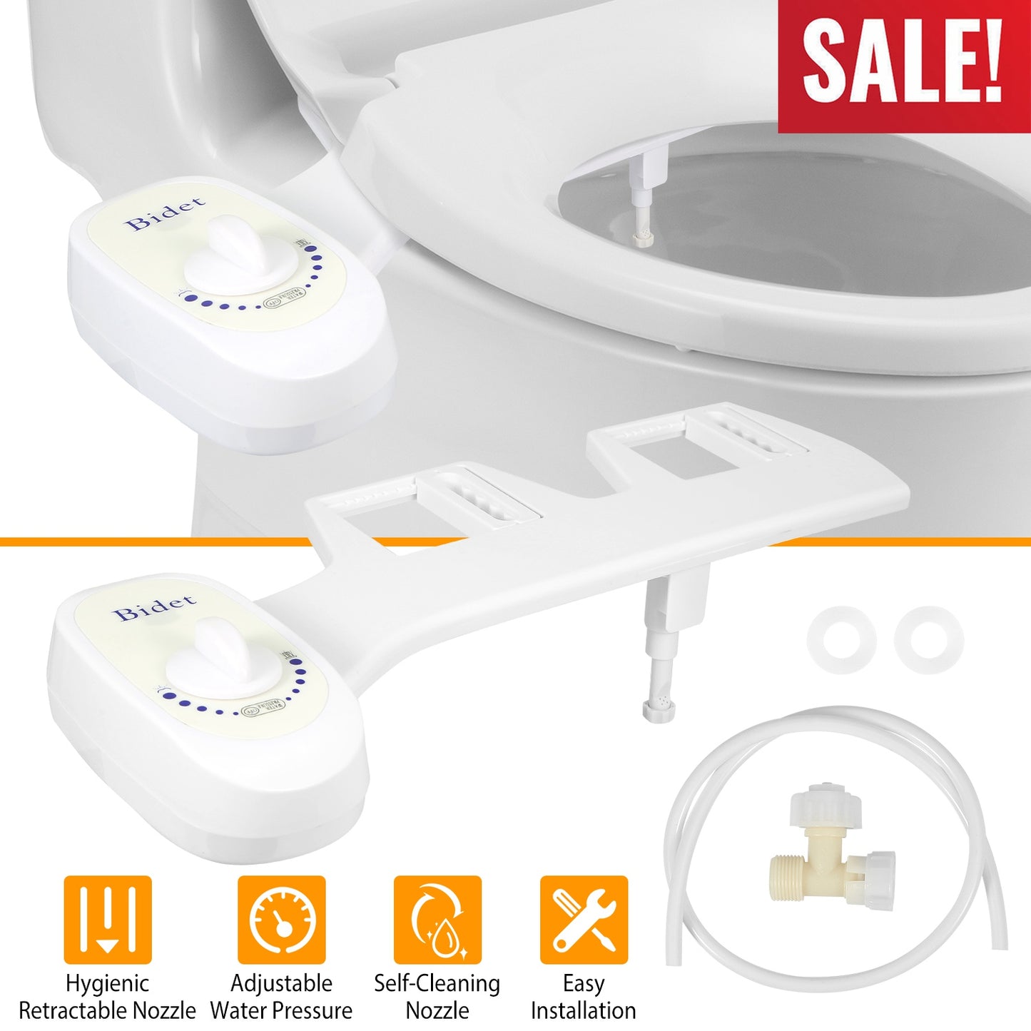Non-Electric Bidet Attachment with Adjustable Water Pressure