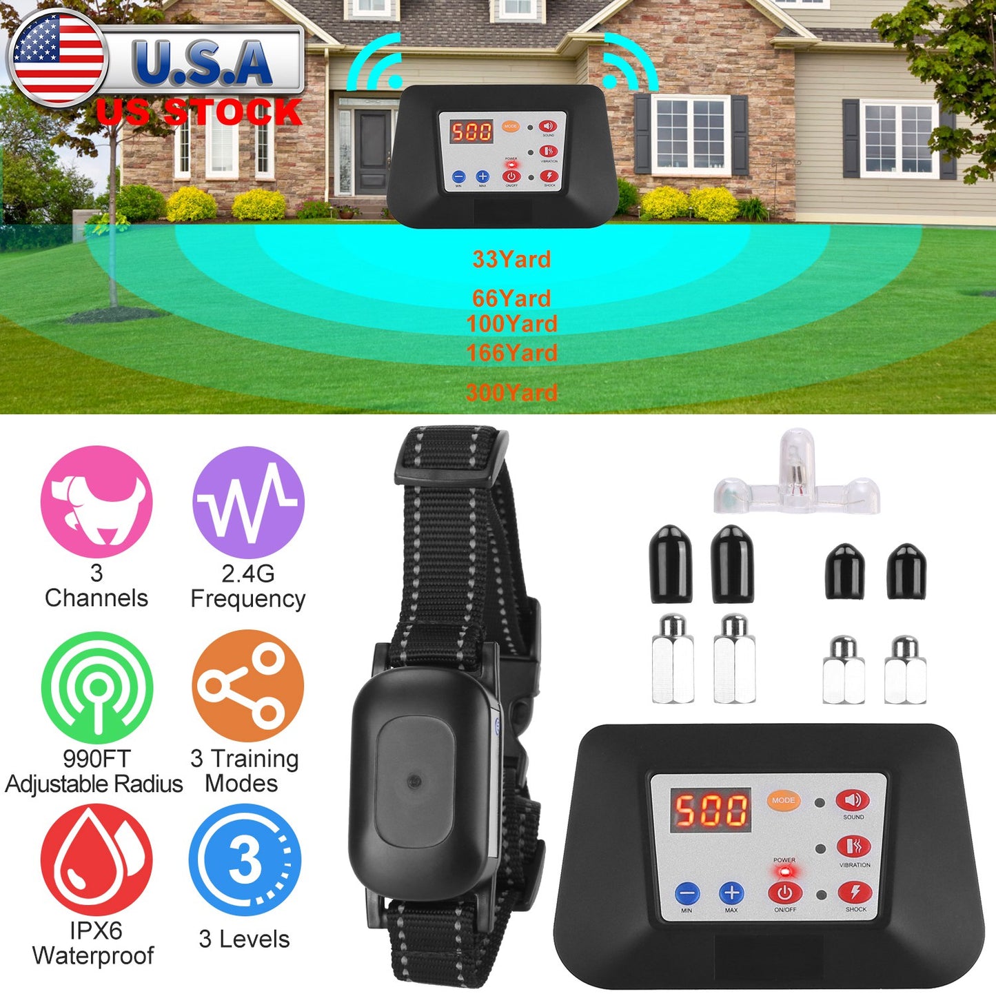 Wireless Dog Fence & Training Collar System 990FT Range