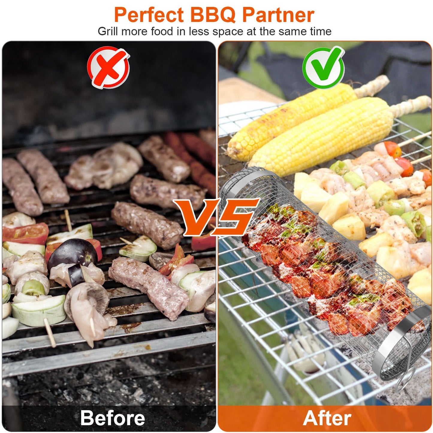 Stainless Steel Rolling Grill Basket Set - 2 Pack with Hooks