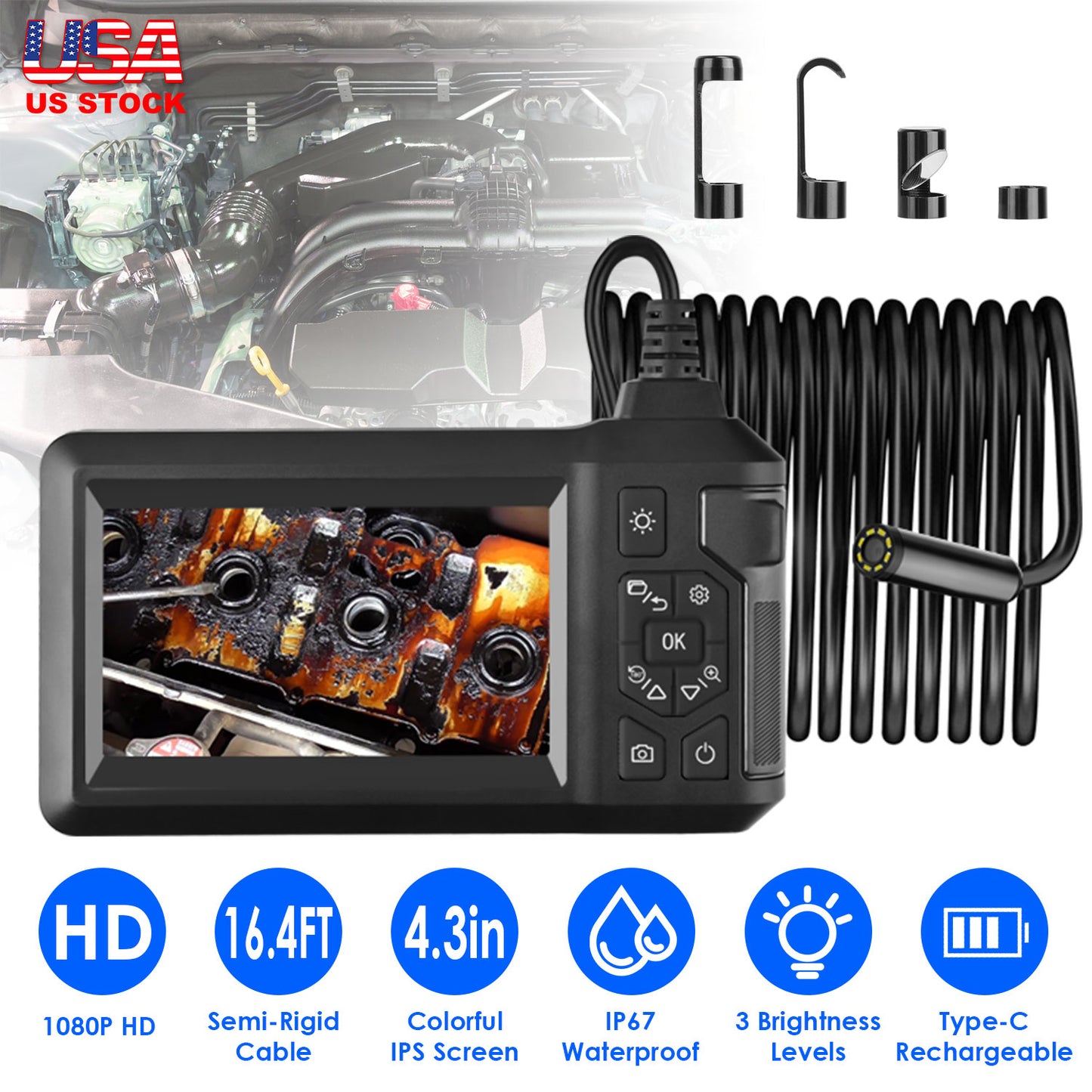 1080P Endoscope Camera with 4.3" Screen and 16.4FT Cable
