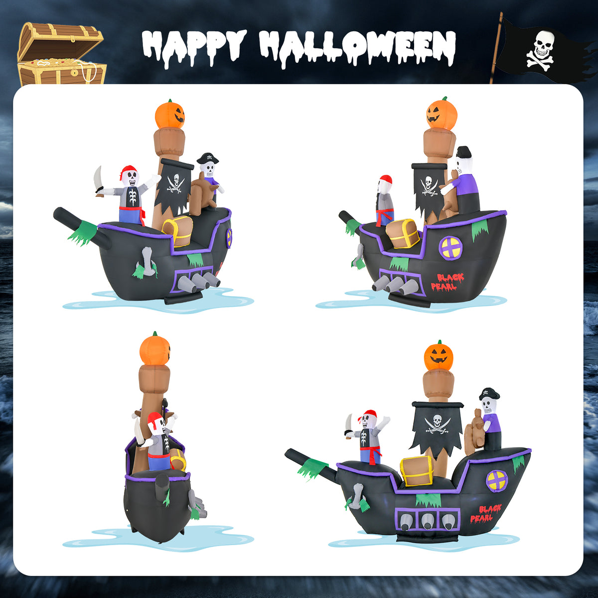 7 Feet Long Halloween Inflatable Pirate Ship with LED Lights Blower
