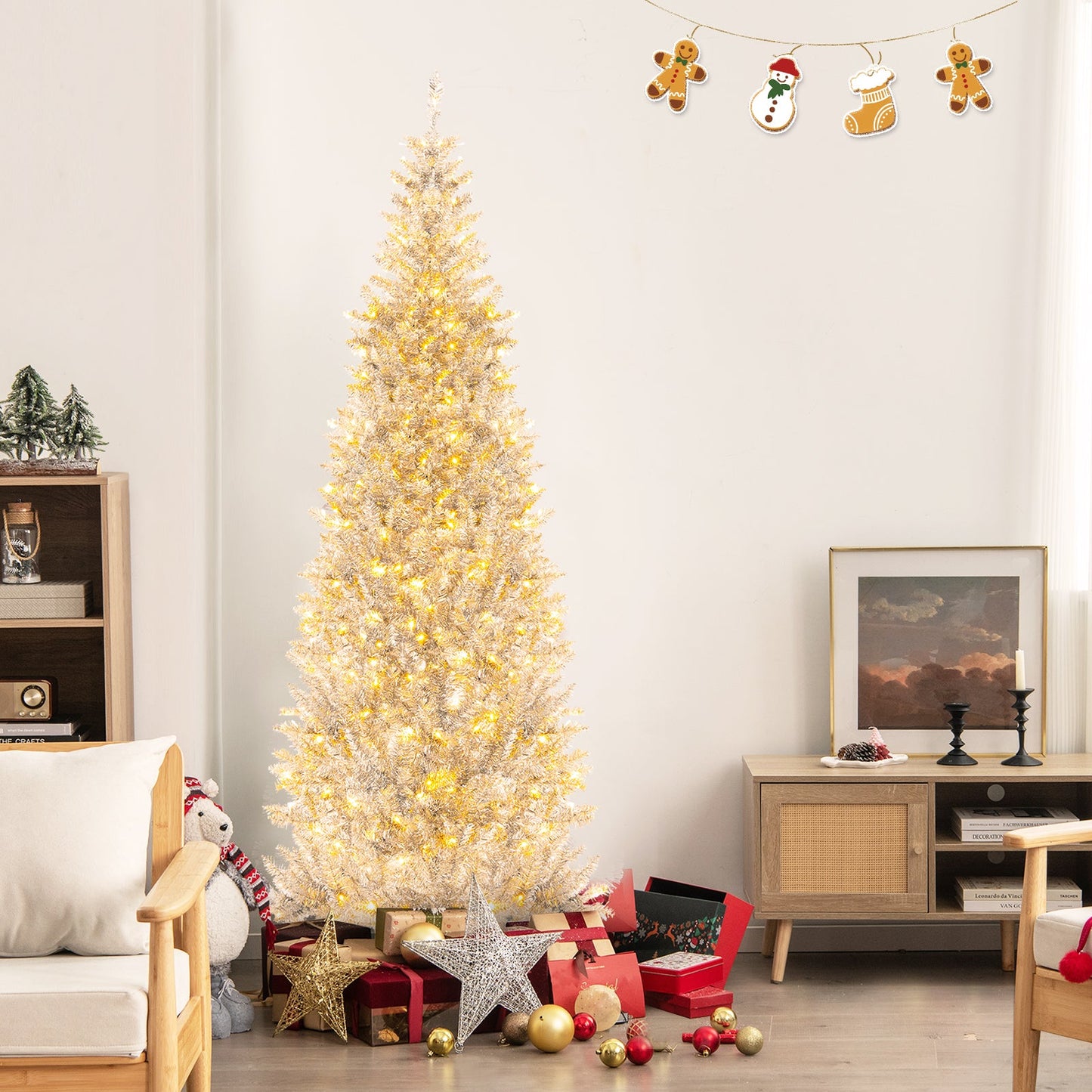 6/7 FT Pre-Lit Artificial Silver Tinsel Xmas Tree with 790 Branch Tips and 300 LED Lights