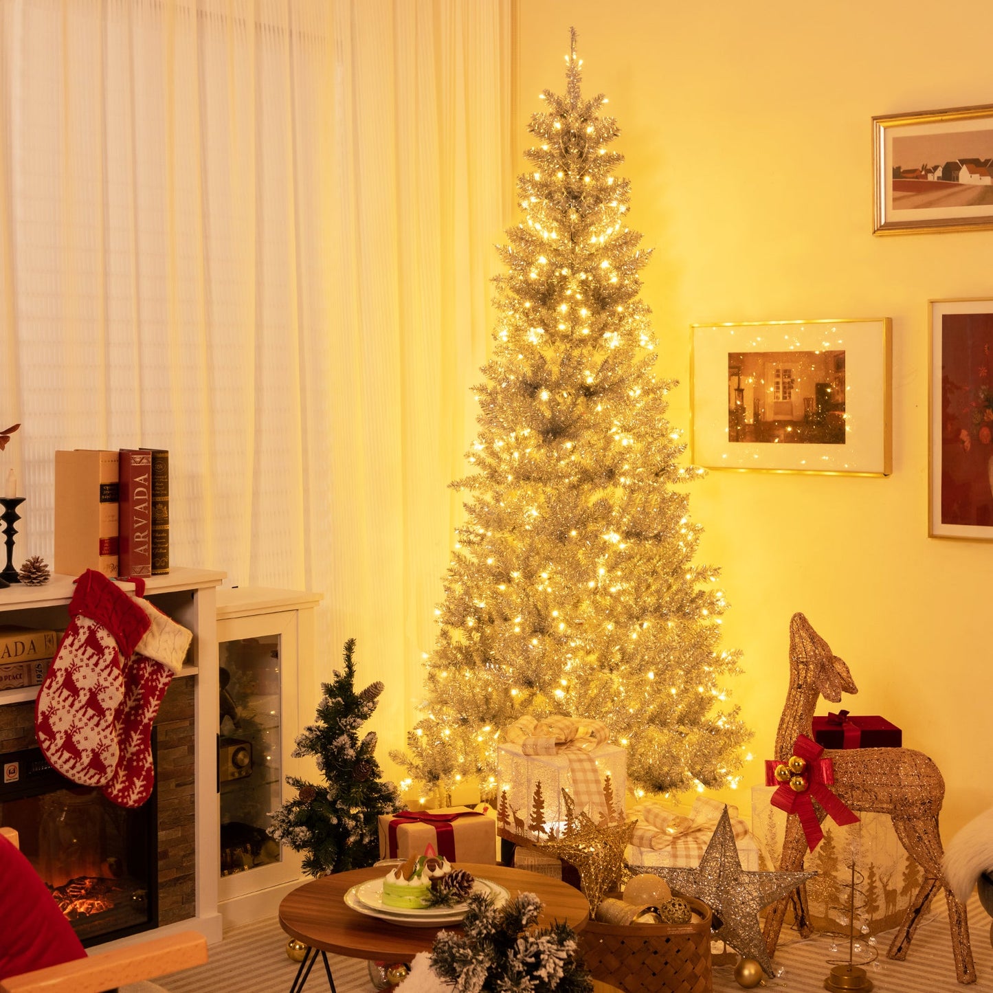 6/7 FT Pre-Lit Artificial Silver Tinsel Xmas Tree with 790 Branch Tips and 300 LED Lights