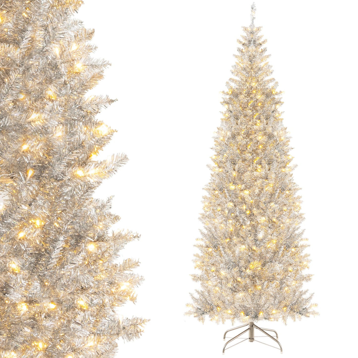 6/7 FT Pre-Lit Artificial Silver Tinsel Xmas Tree with 790 Branch Tips and 300 LED Lights