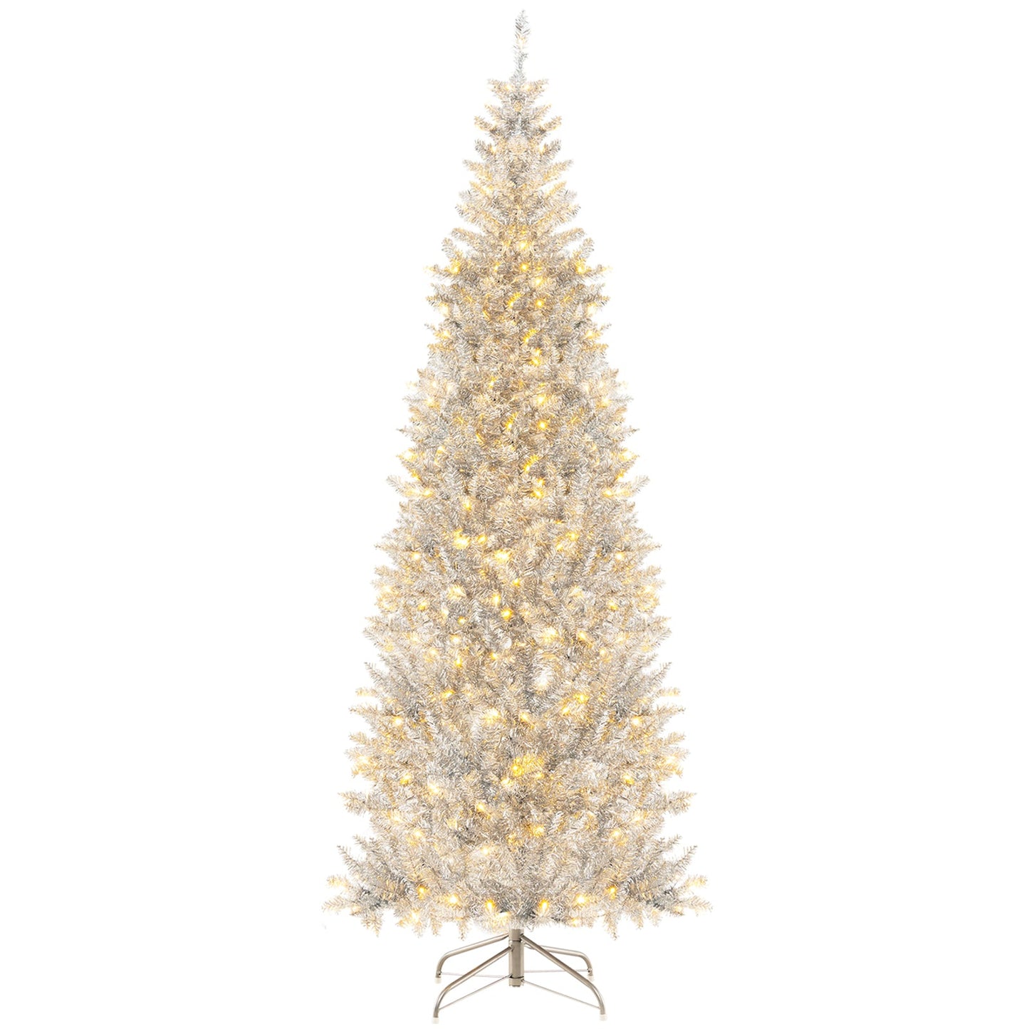 6/7 FT Pre-Lit Artificial Silver Tinsel Xmas Tree with 790 Branch Tips and 300 LED Lights