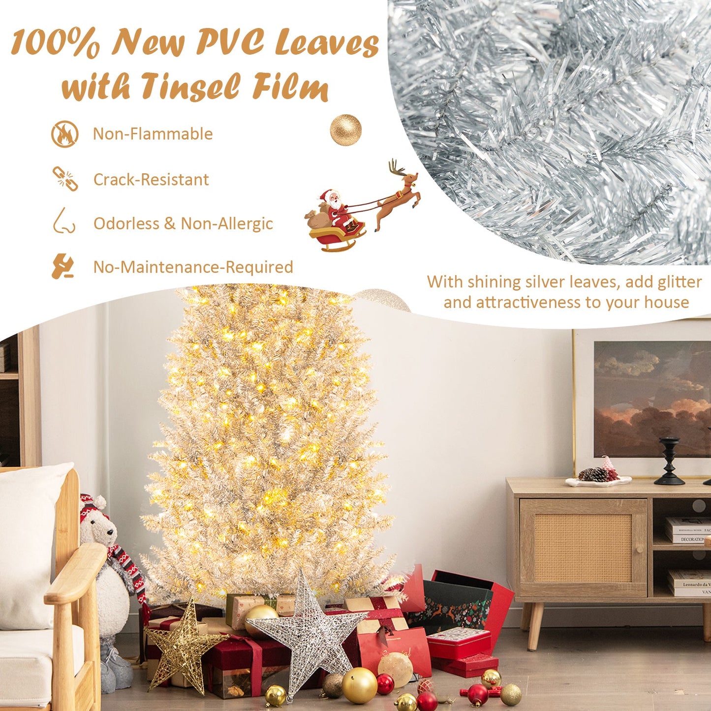 6/7 FT Pre-Lit Artificial Silver Tinsel Xmas Tree with 790 Branch Tips and 300 LED Lights