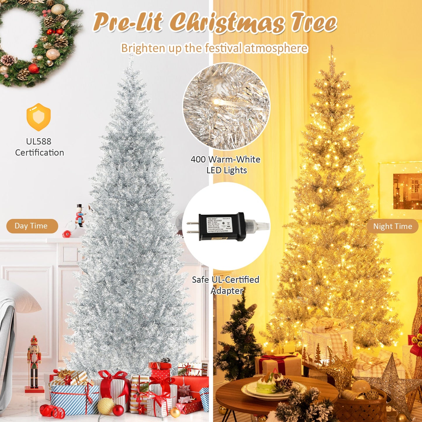 6/7 FT Pre-Lit Artificial Silver Tinsel Xmas Tree with 790 Branch Tips and 300 LED Lights