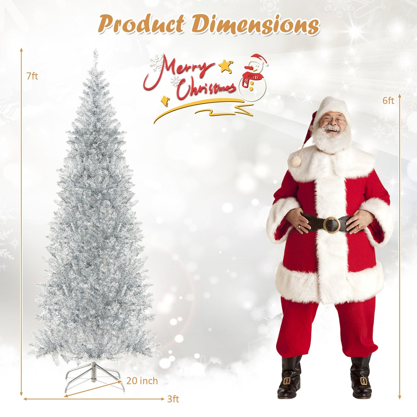 6/7 FT Pre-Lit Artificial Silver Tinsel Xmas Tree with 790 Branch Tips and 300 LED Lights