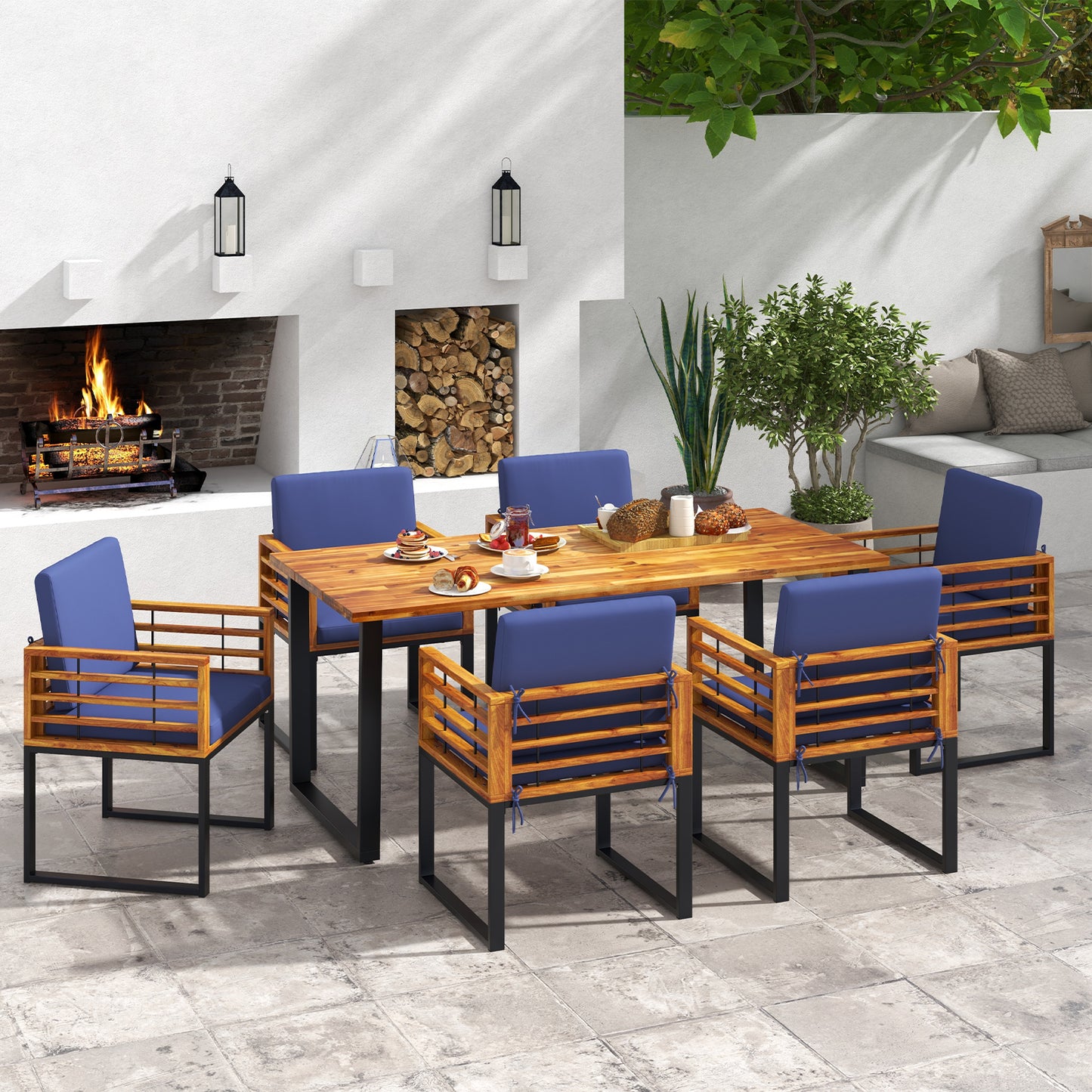 7-Piece Acacia Wood Patio Dining Set with Cushions