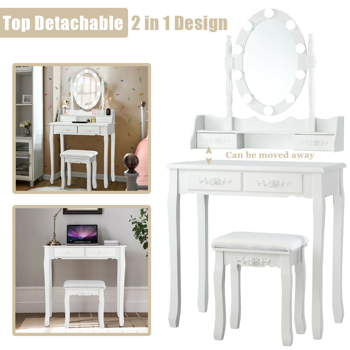 Makeup Vanity Table with Lighted Mirror and Cushioned Stool