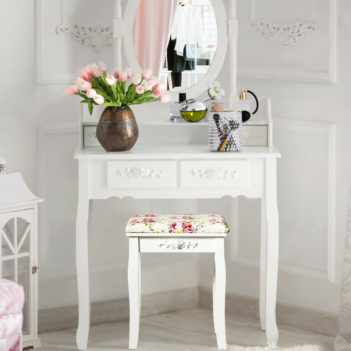Padded Vanity Stool with Rose Cushion - White