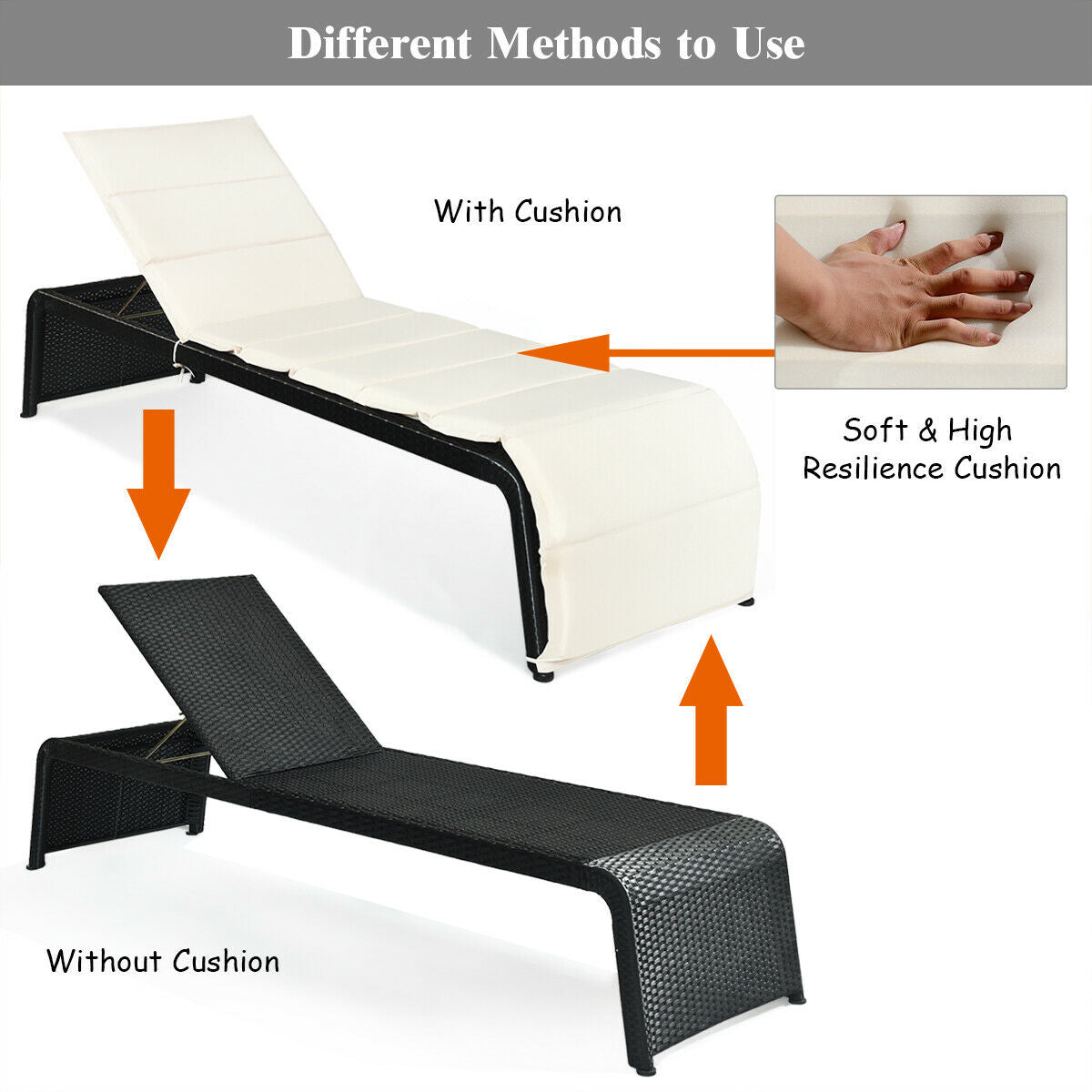 Adjustable Rattan Chaise Lounge Chair with Cushion