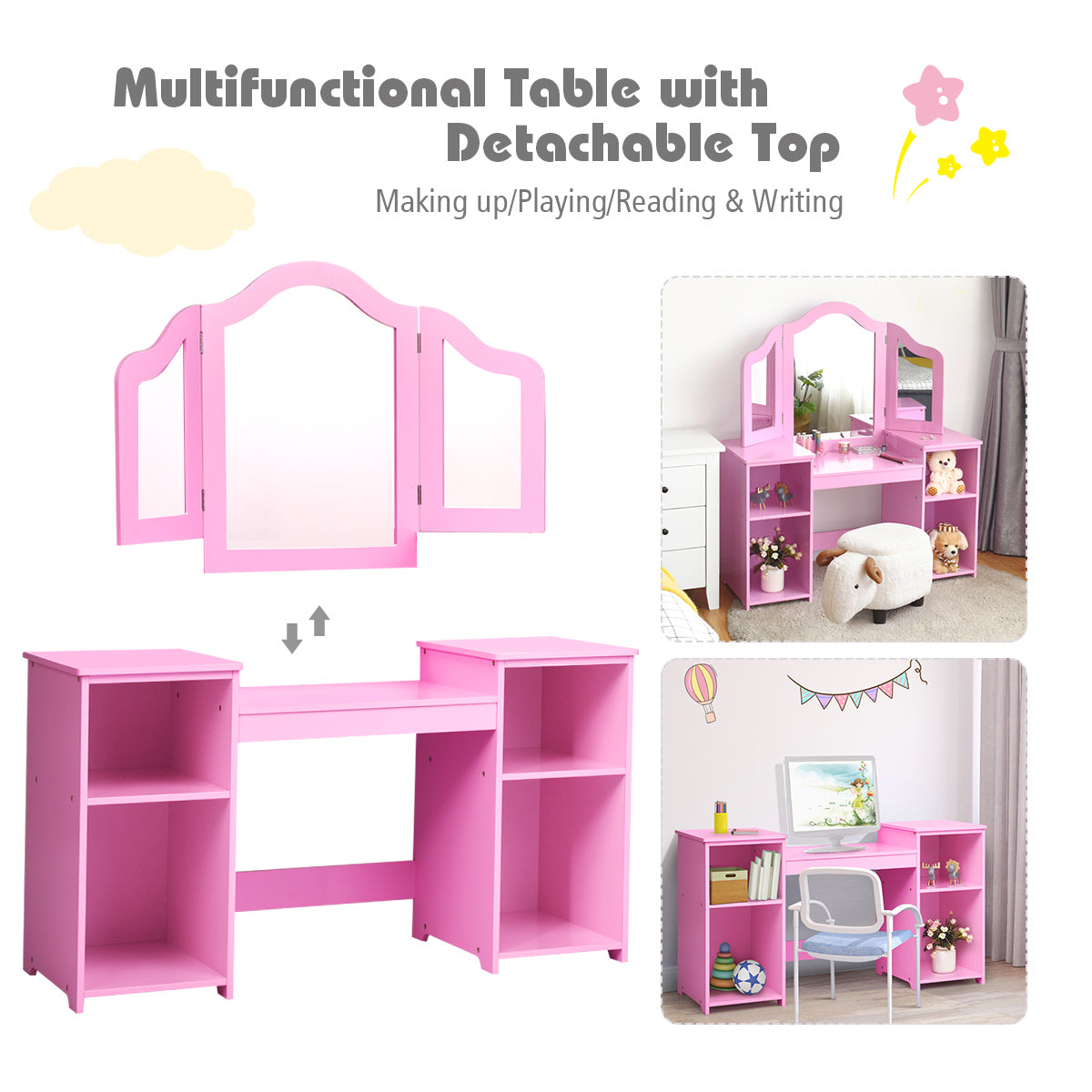 Kids Tri-Folding Mirror Vanity Table Set with Storage