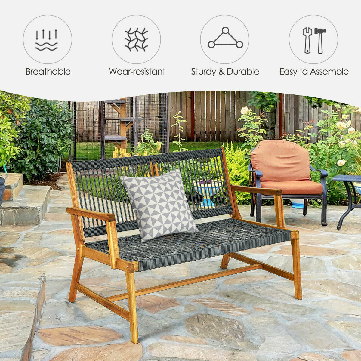 2-Person Acacia Wood Outdoor Bench with Rope Weave