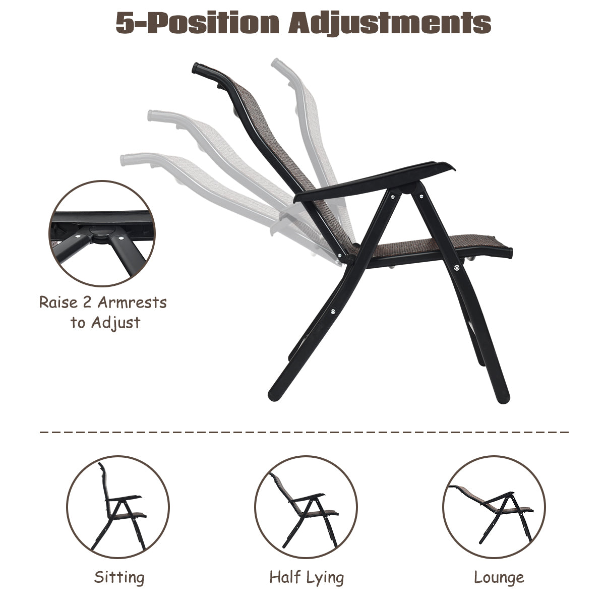 Folding Rattan Patio Reclining Chairs - Set of 2