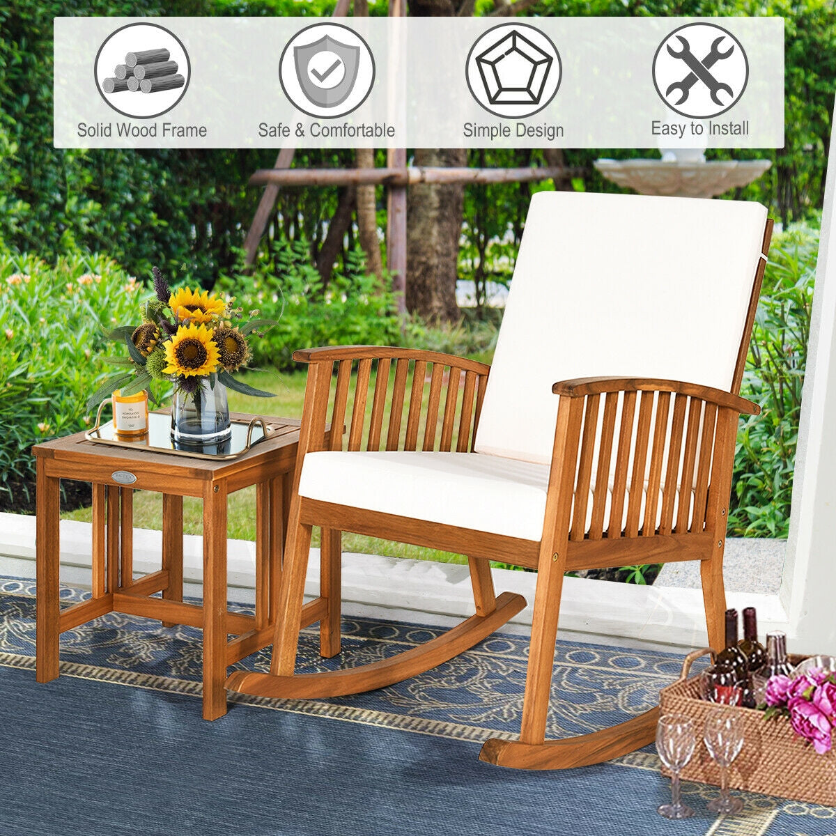 Acacia Wood Patio Rocking Chair Set with Table & Cushions