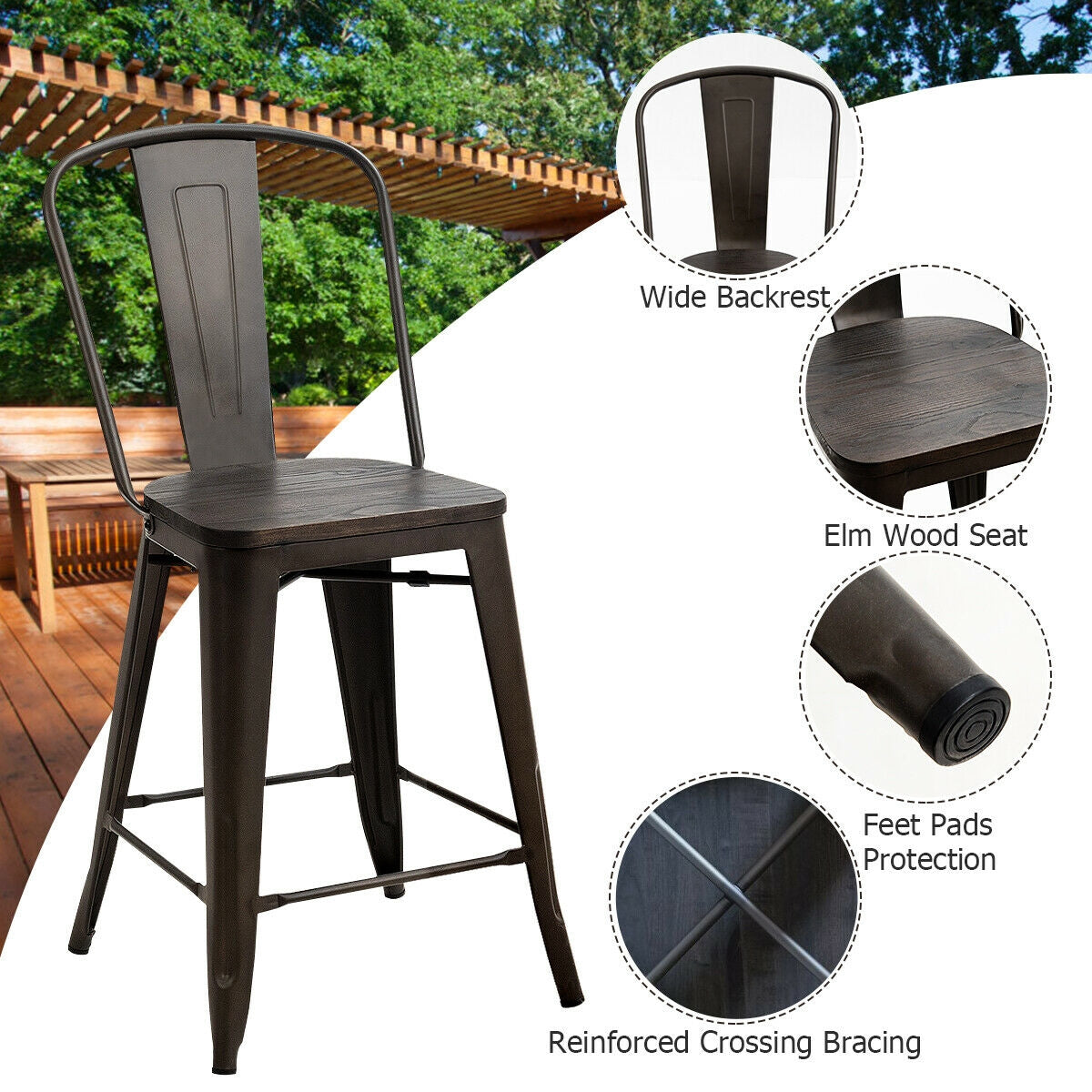 Industrial Metal Counter Stools with Removable Backrests Set of 4