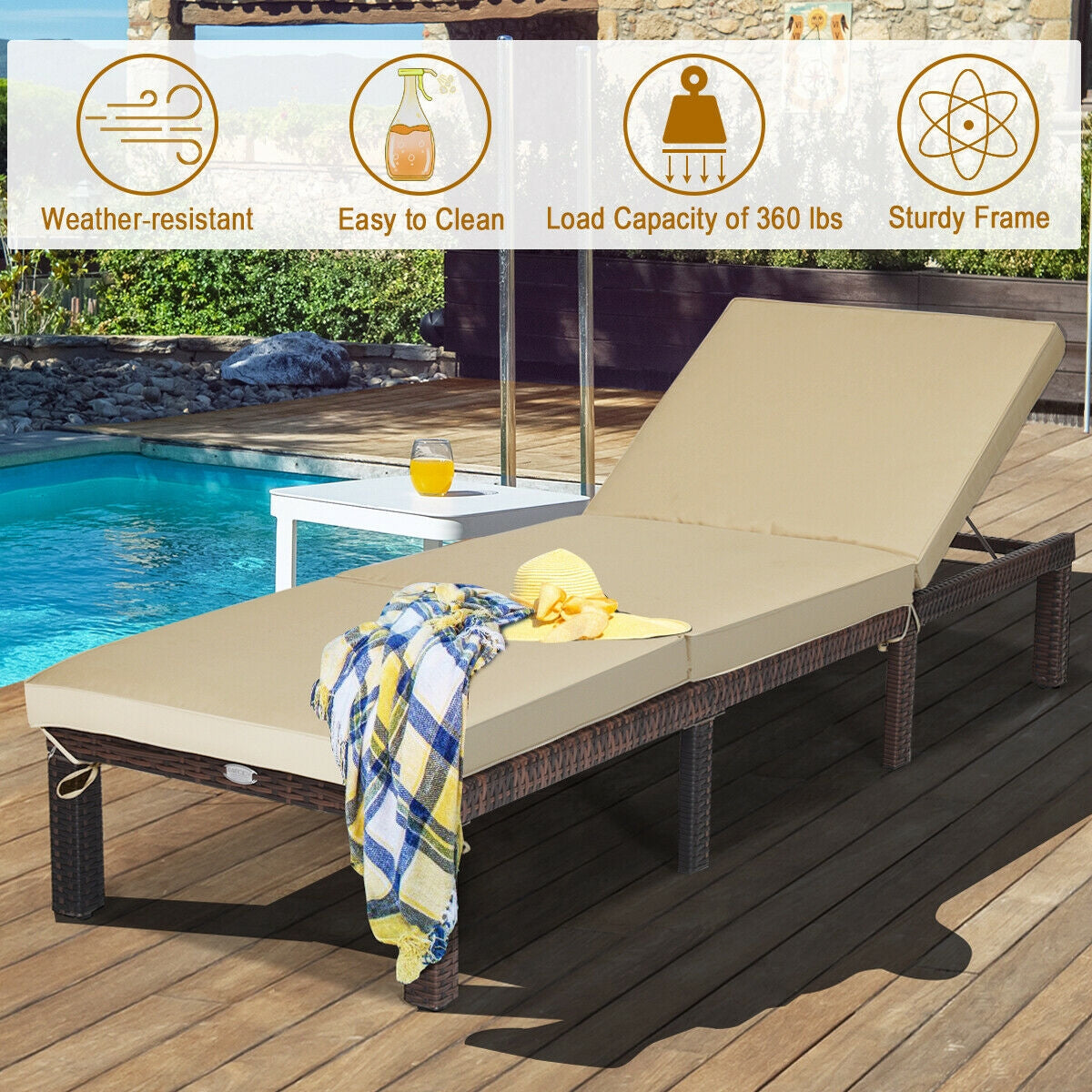 Adjustable Rattan Chaise Lounge with Cushion