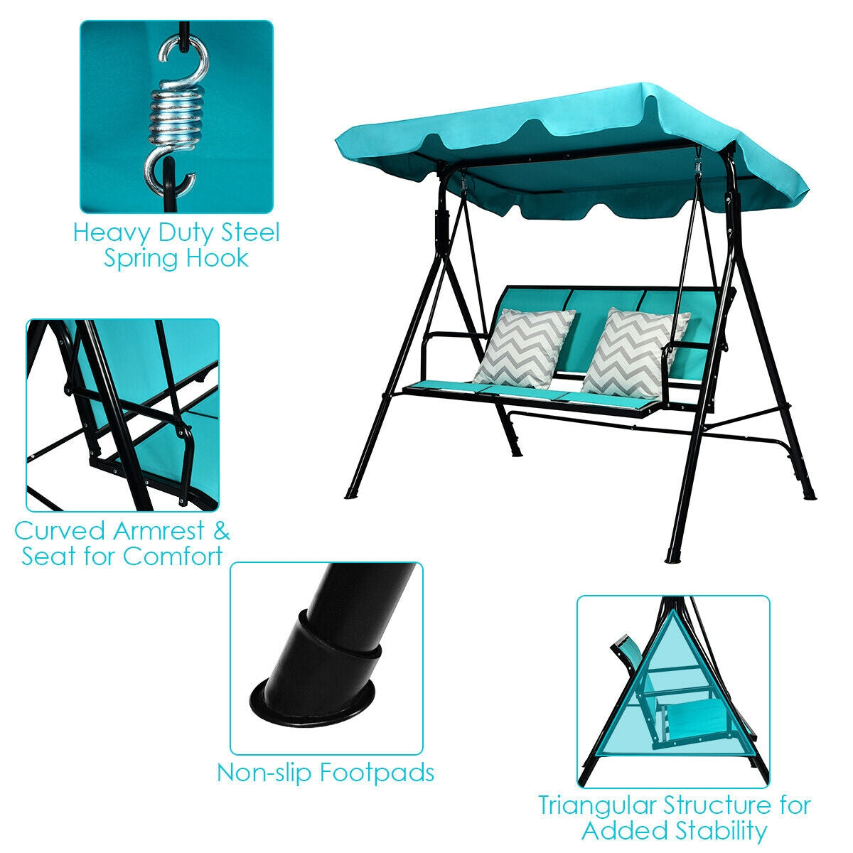 3 Person Porch Swing with Adjustable Canopy - Blue