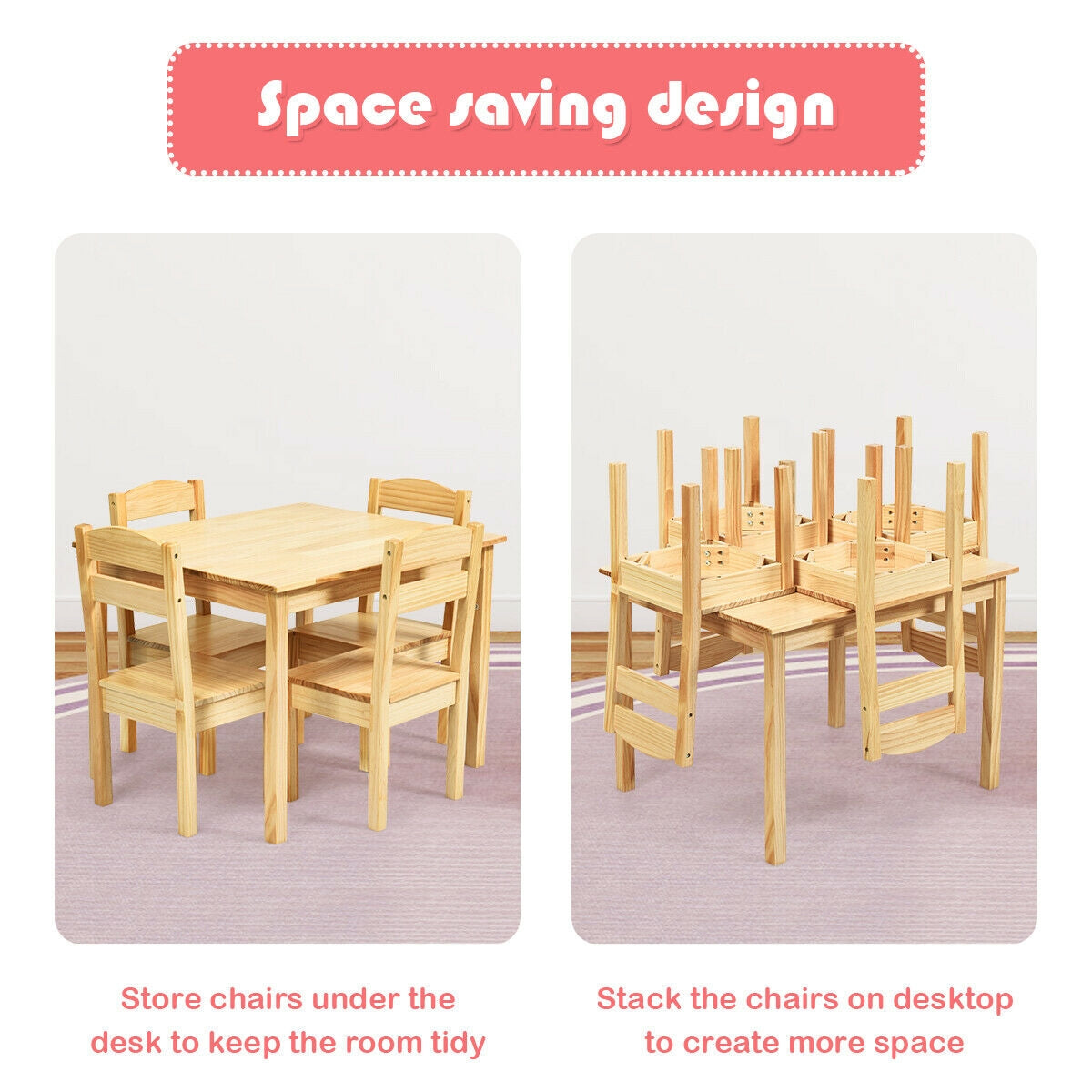 Kids Table and Chair Set - 5 Piece Pine Wood