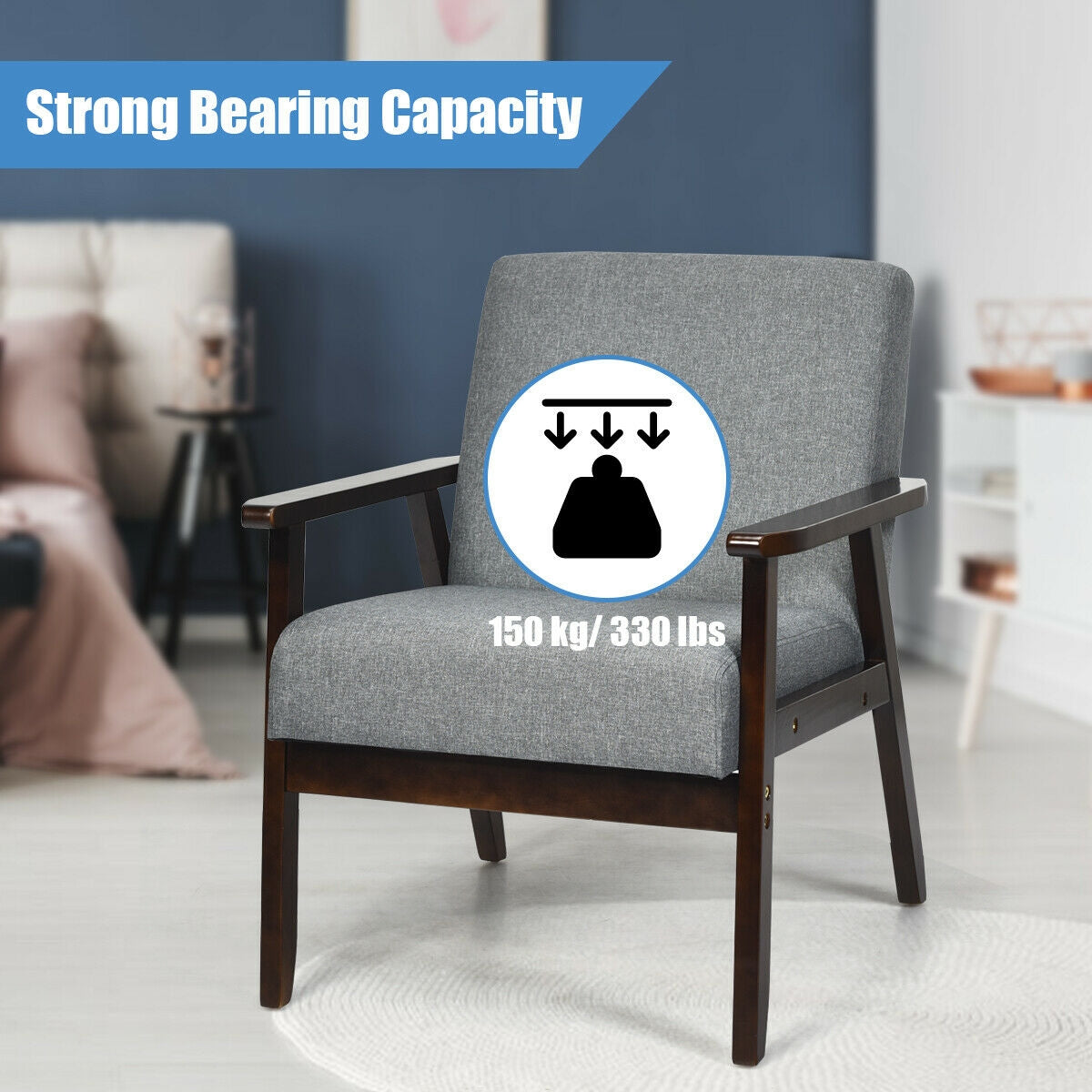 Rubber Wood Accent Armchair with Linen Upholstery