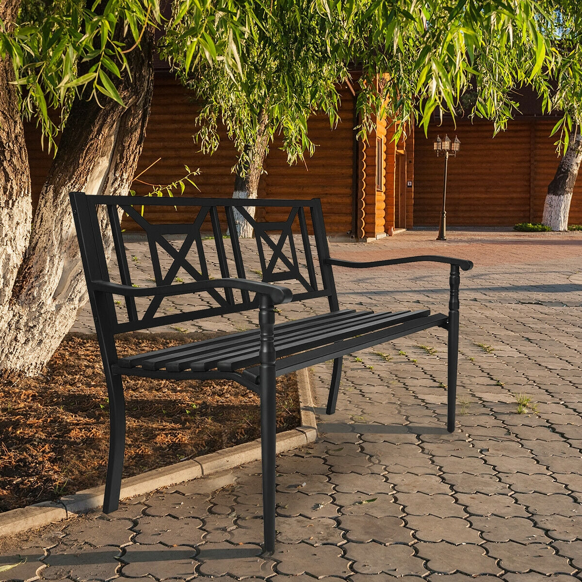 Steel Patio Garden Bench with Armrests - 500 lb Capacity