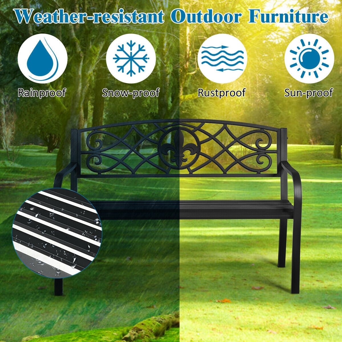 50-Inch Metal Garden Bench with Armrests - 500 lb Capacity