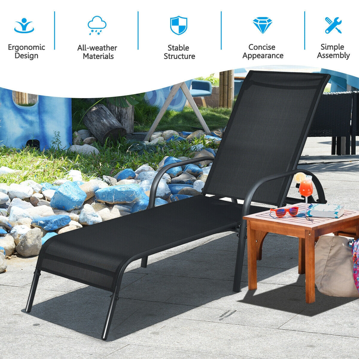 Adjustable Patio Chaise Lounge Chair with 5-Position Backrest