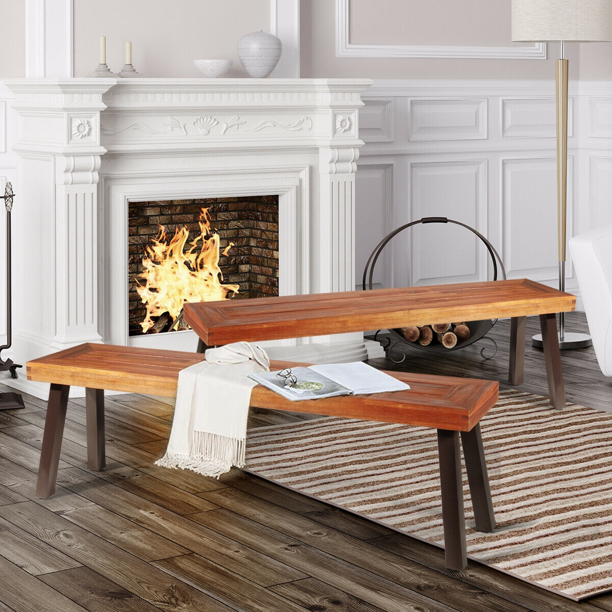 Acacia Wood Dining Benches Set of 2 for Patio