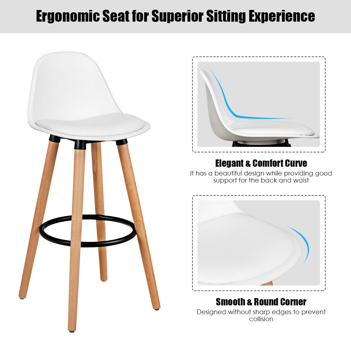 Mid Century Bar Stool Set of 2 with Padded Seat - 28.5"