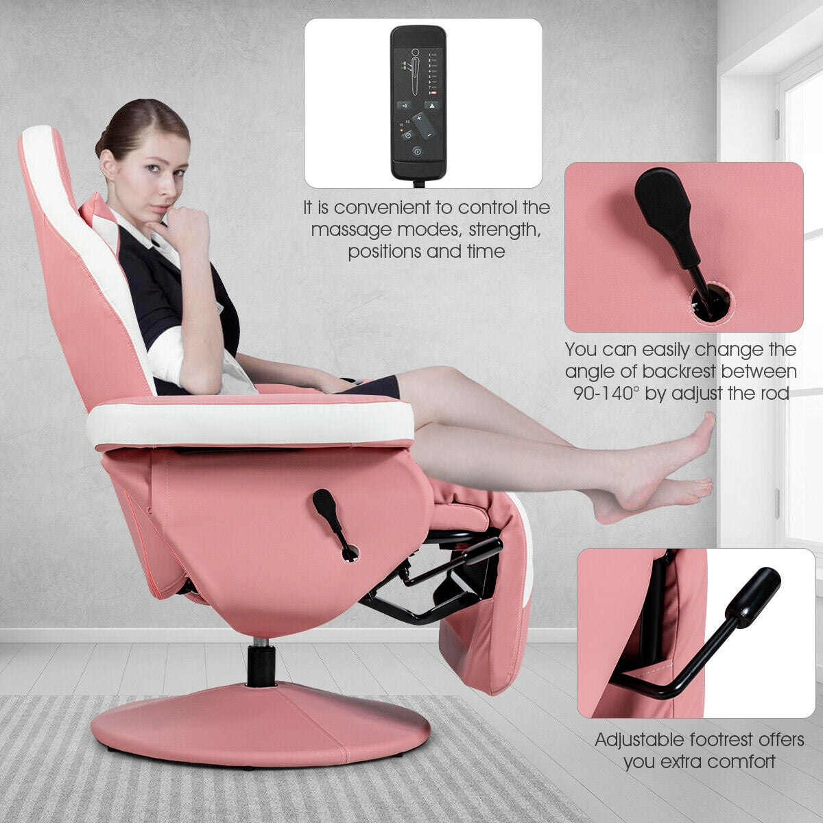 Massage Gaming Chair with Footrest and Lumbar Support - Pink