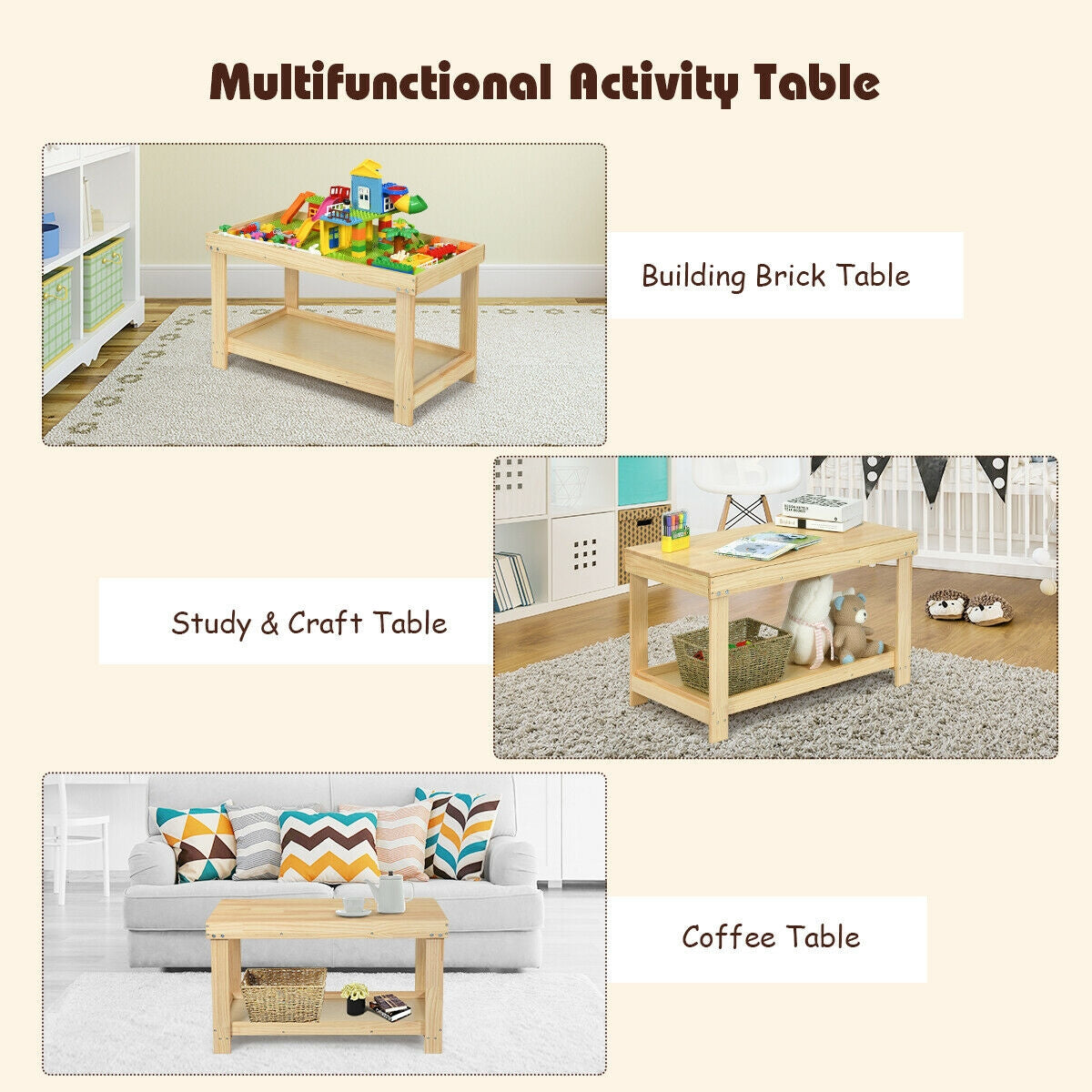 Kids Activity Play Table with Storage - Solid Pine Wood