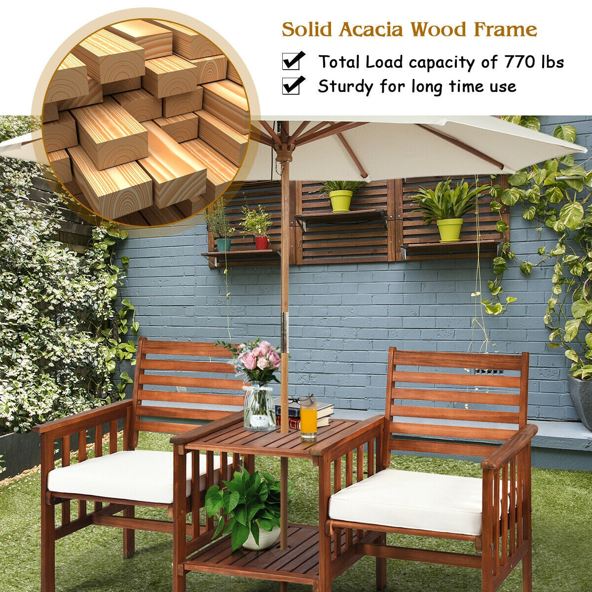 Acacia Wood Patio Conversation Set with Loveseat & Coffee Table