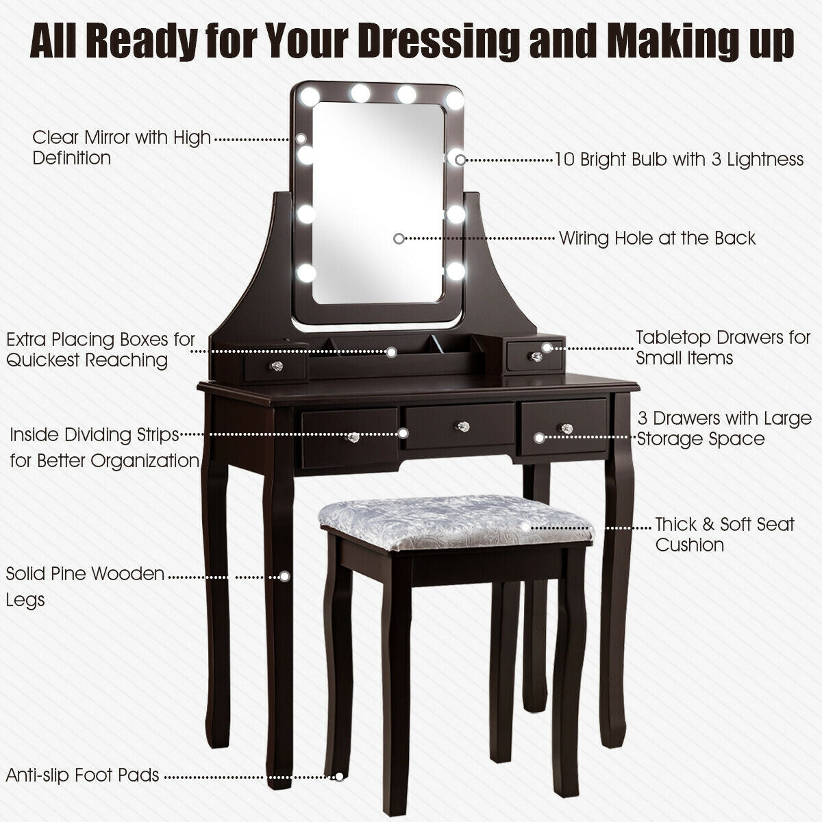 Vanity Dressing Table Set with 10 Dimmable Bulbs & Stool