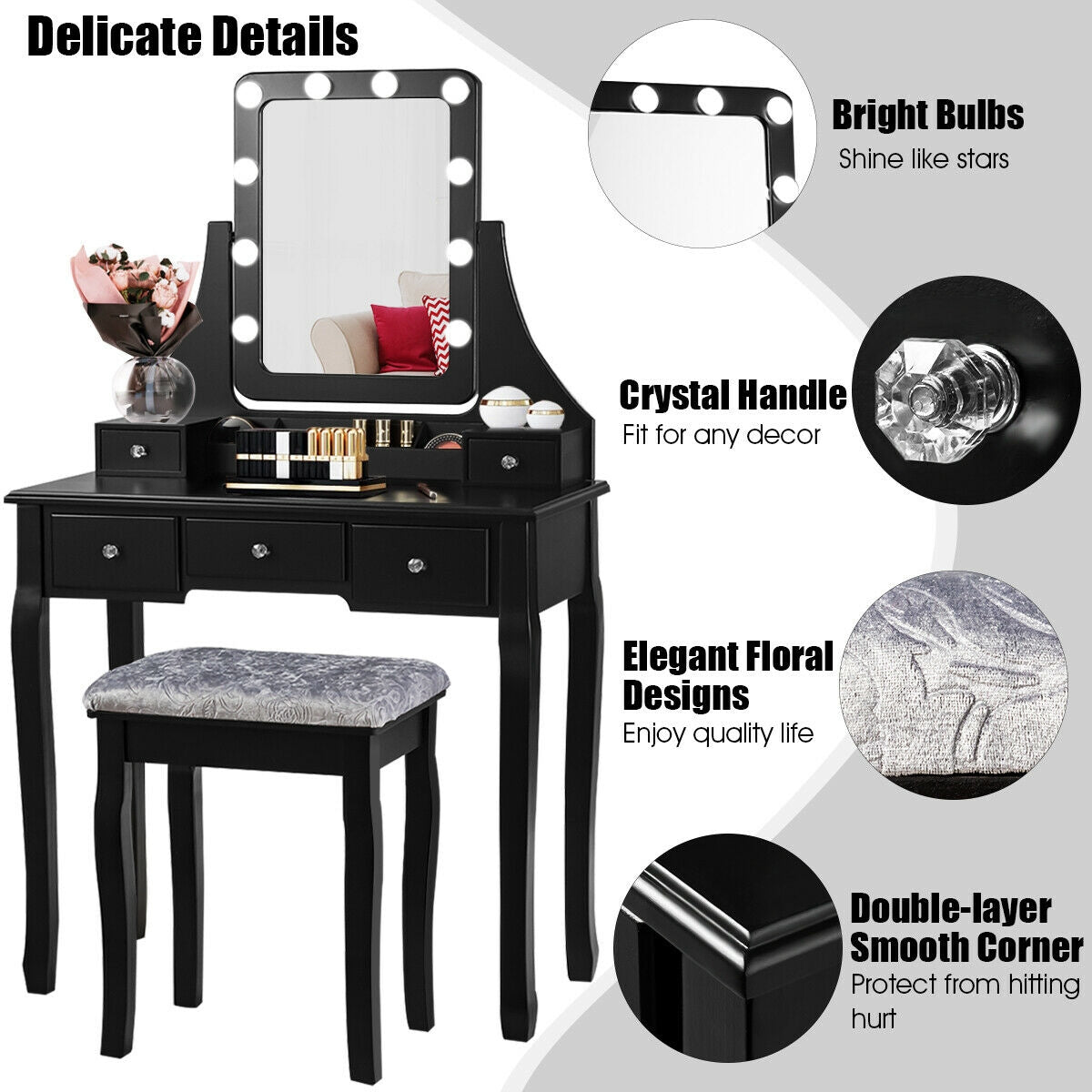 Vanity Dressing Table Set with 10 Dimmable Bulbs & Stool