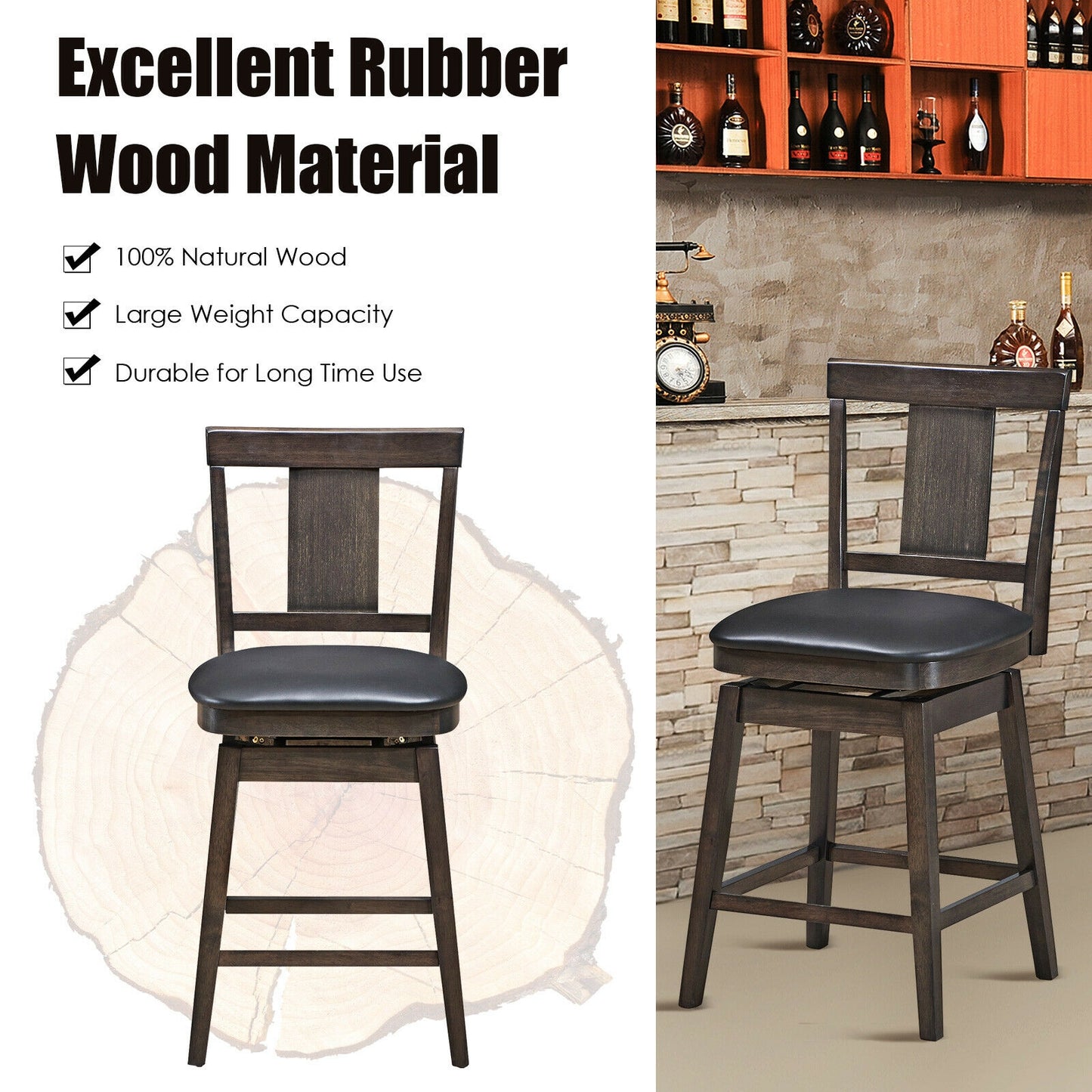 24-Inch Swivel Counter Height Bar Stool with Rubberwood Legs